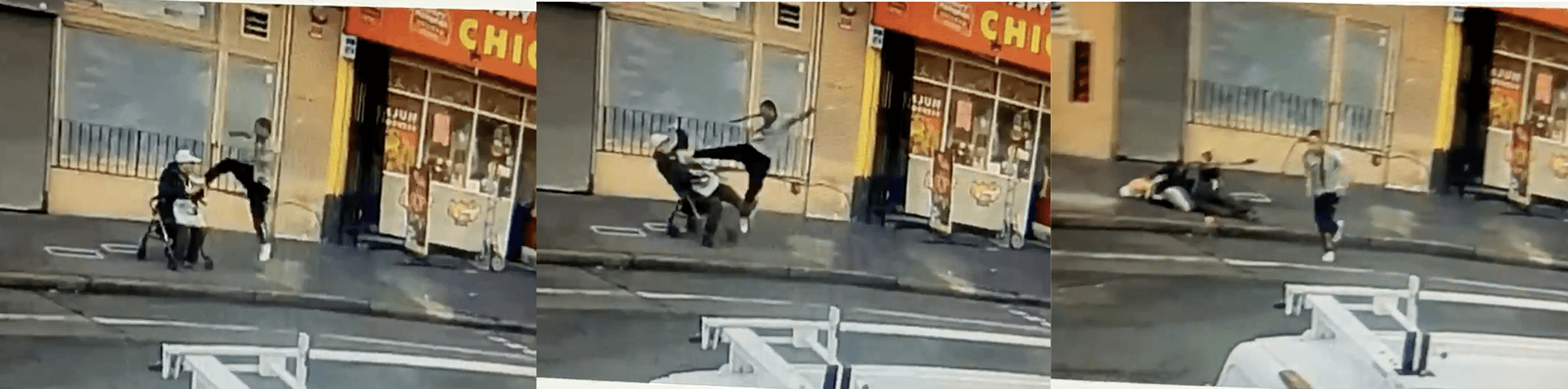 Stills from a street surveillance camera show a suspect kicking a man out of a walker seat.