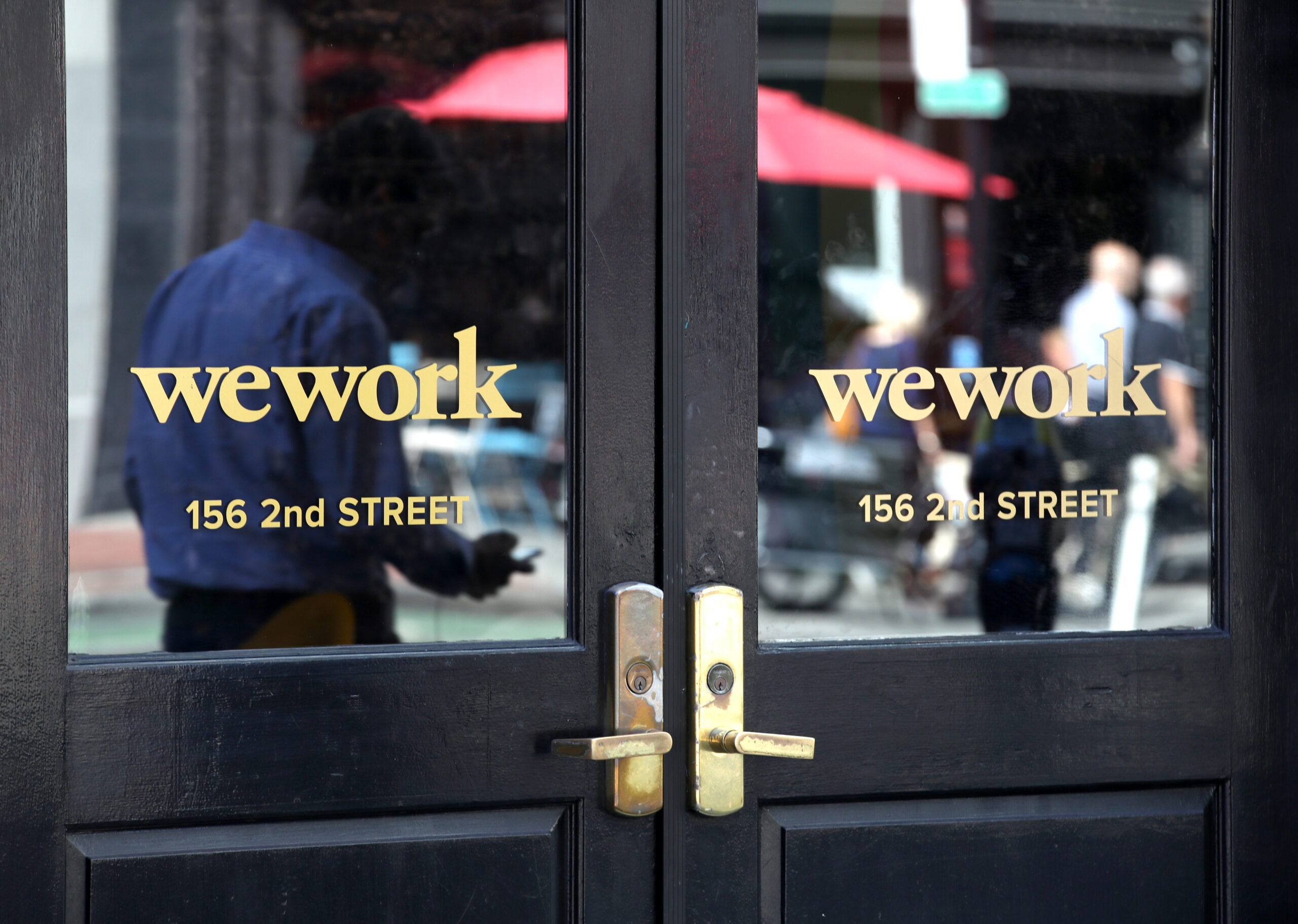 The closed double doors of the WeWork offices are seen in San Francisco.