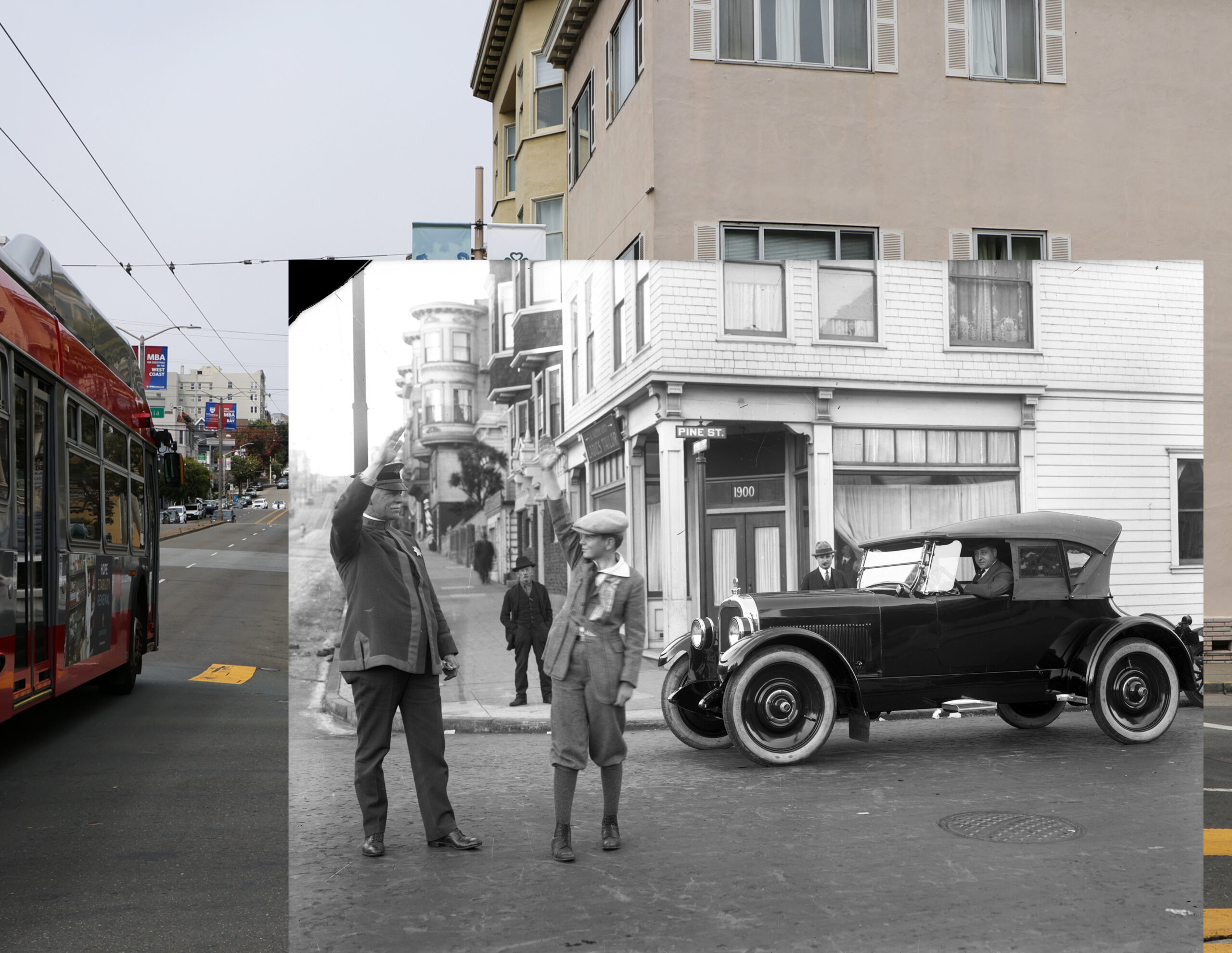 An inset of a black and white image of a youth and a San Francisco Department Policeman at the corner of 1900 Divisadero Street at Pine Street in San Francisco sometime in 1920 and a color background image of a muni bus passing through the same intersection on Friday, July 9, 2022.