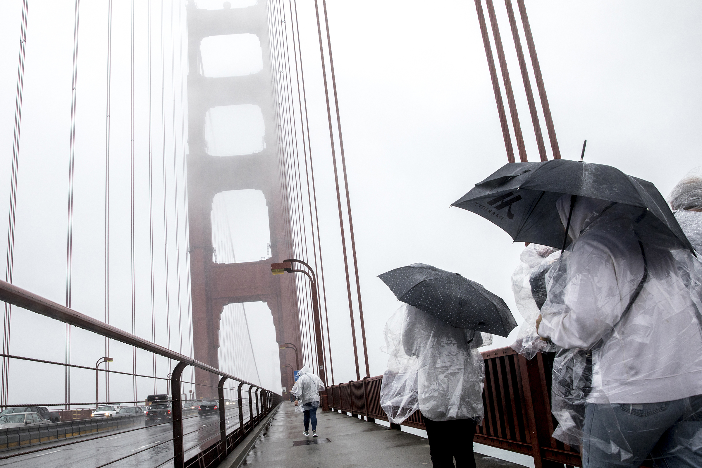 Pedestrians wearing clear ponchos and holding black umbrellas walk through the rain across the Golden Gate Bridge.
