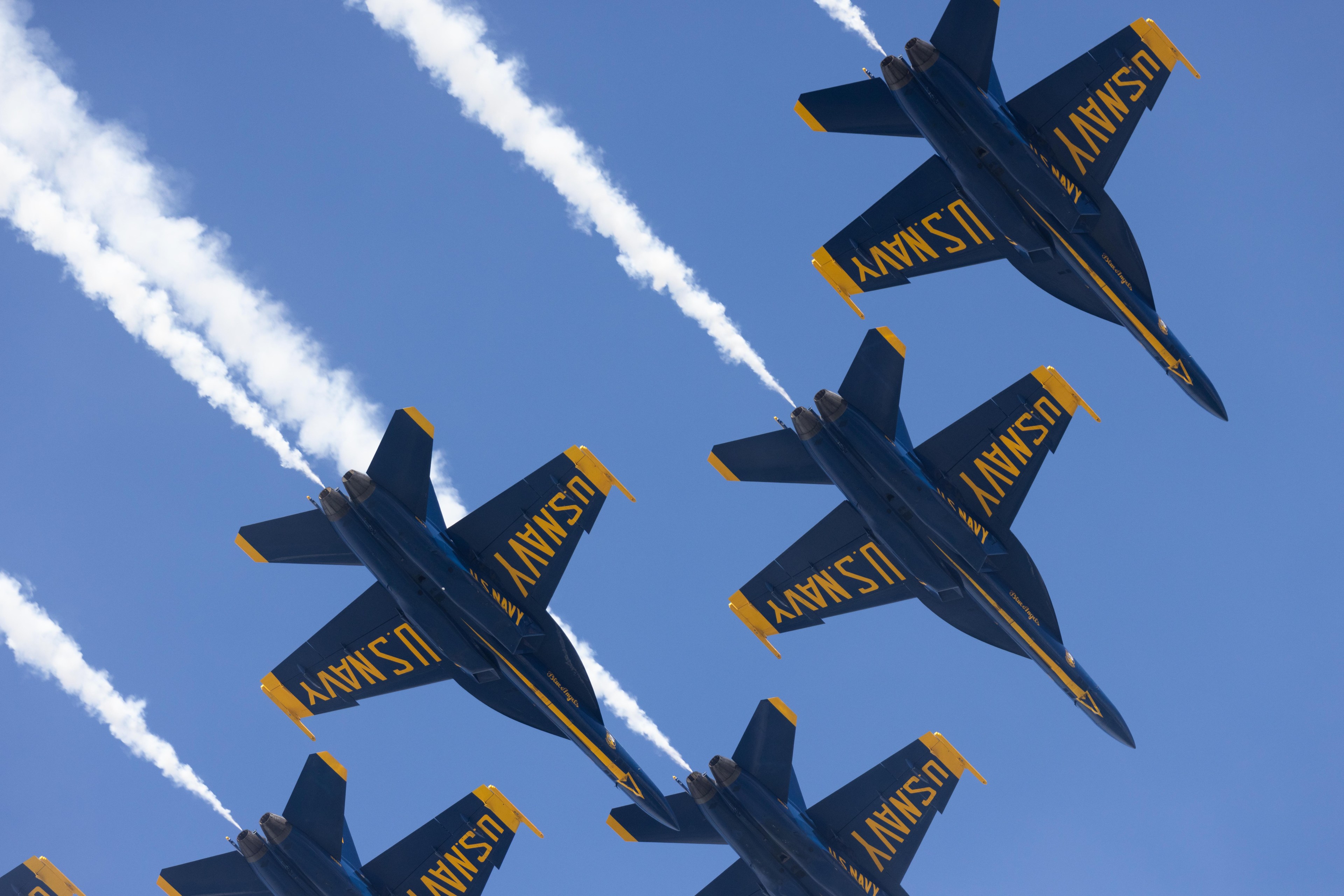 Blue Angels fly overhead during the Fleet Week Air Show in San Francisco on Friday, Oct. 7, 2022. Despite the air show commencing on time, many of the Blue Angels' stunts were unseen by viewers as they were partially blocked by fog.
