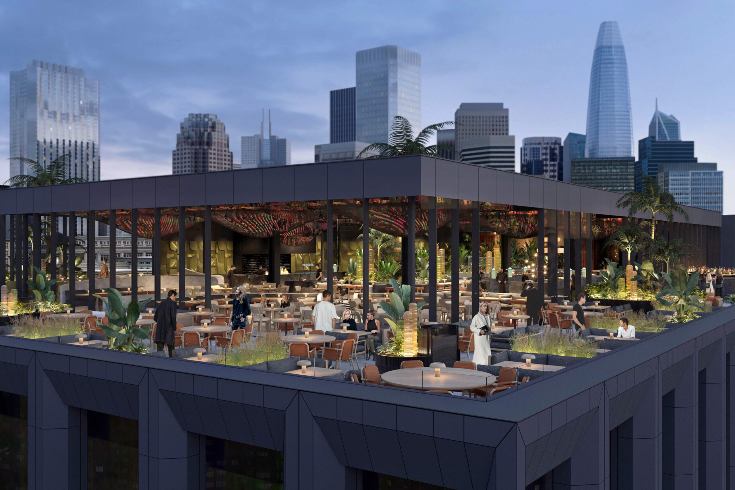 A view of a rooftop restaurant with tables and large glass windows, with the San Francisco city skyline behind it.