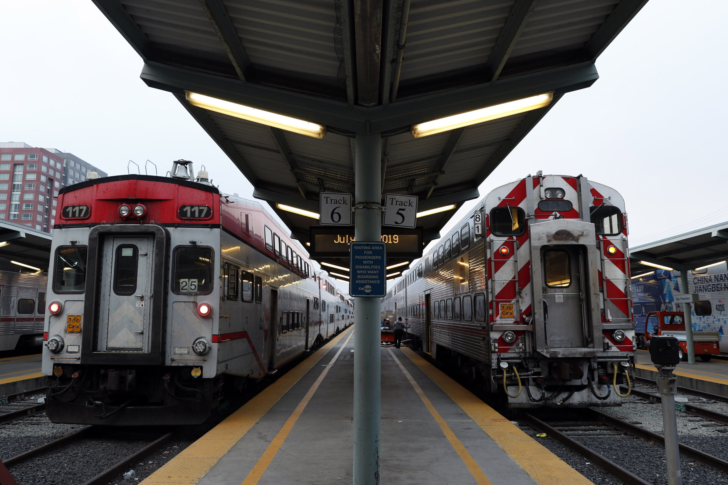 Trains wait on tracks 5 and 6 for passengers at the Caltrain Station in San Francisco, Calif., on Thursday, July 18, 2019. Business leaders and transportation officials are putting together a sales tax ballot measure for next year that would generate billions for transportation infrastructure in the Bay Area. Top on their wish list is the downtown extension of Caltrain, with a tunnel running from the Mission Bay Area to the Transbay Terminal.