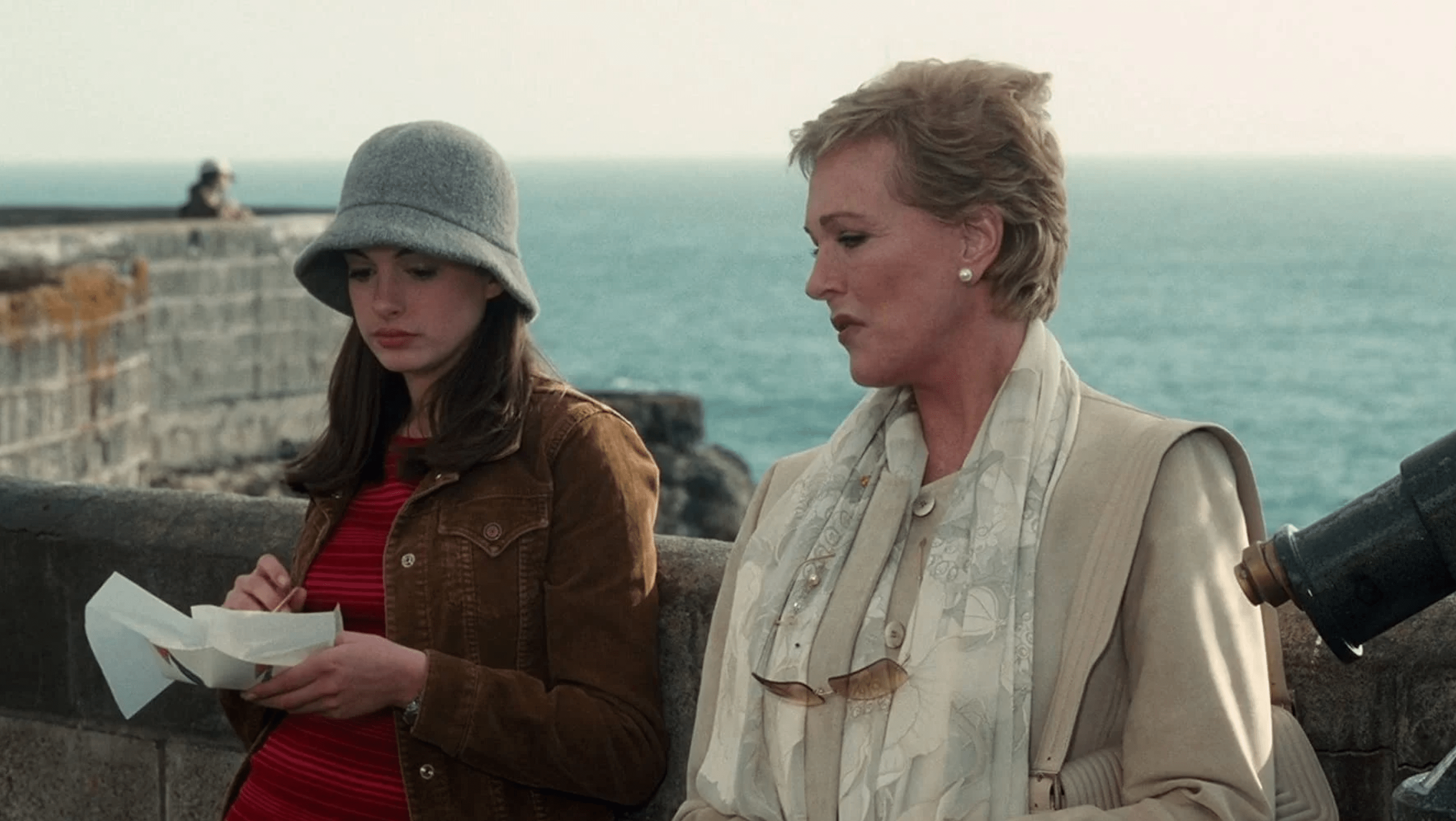 Anne Hathaway and Julie Andrews talk outside The Cliff House.