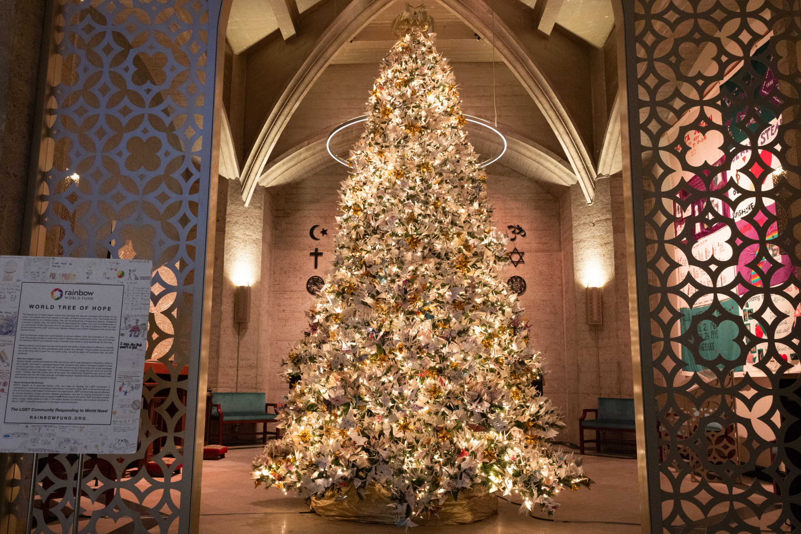 10,000 origami paper cranes decorate the branches of Grace Cathedral's &quot;World Tree of Hope.&quot;