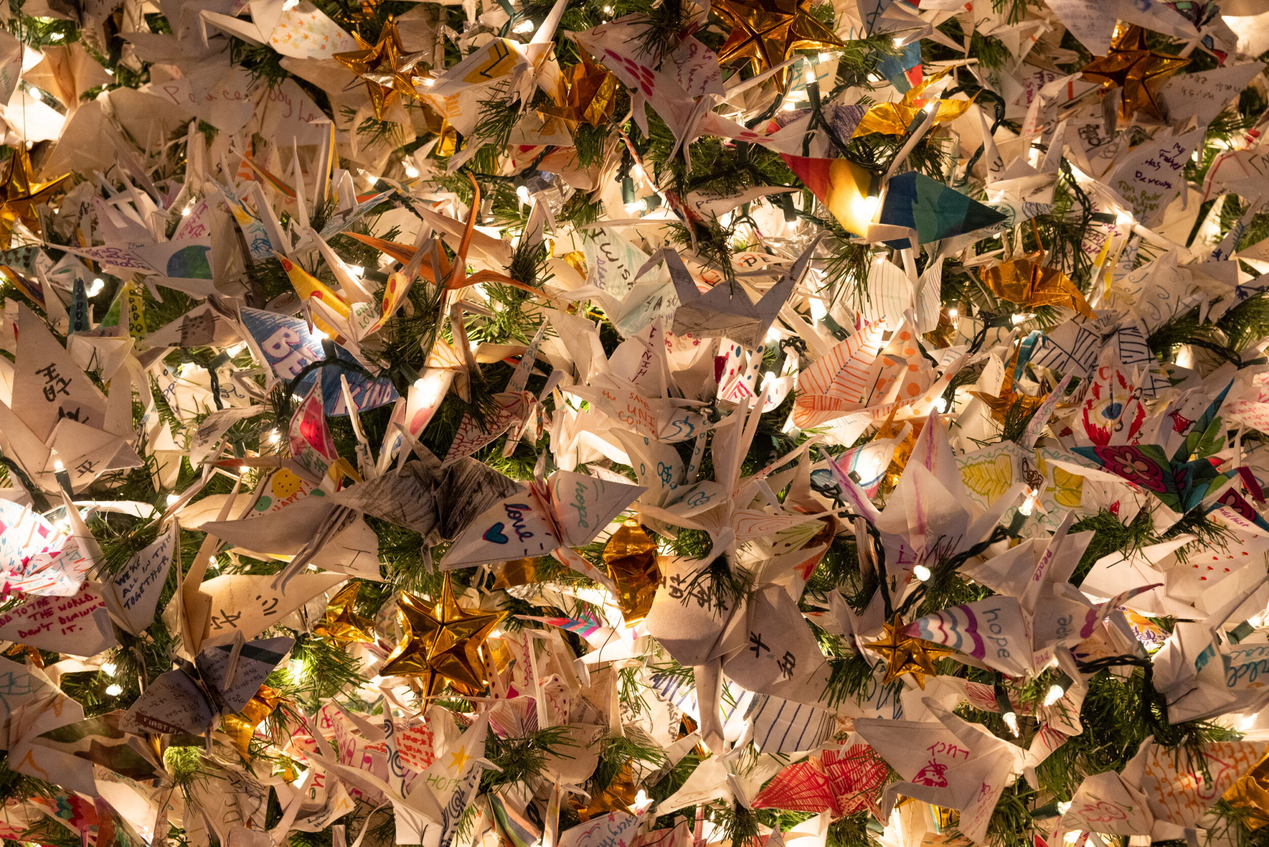 A close-up photo shows a portion of the 10,000 illuminated origami paper cranes make up Grace Cathedral's "World Tree of Hope."