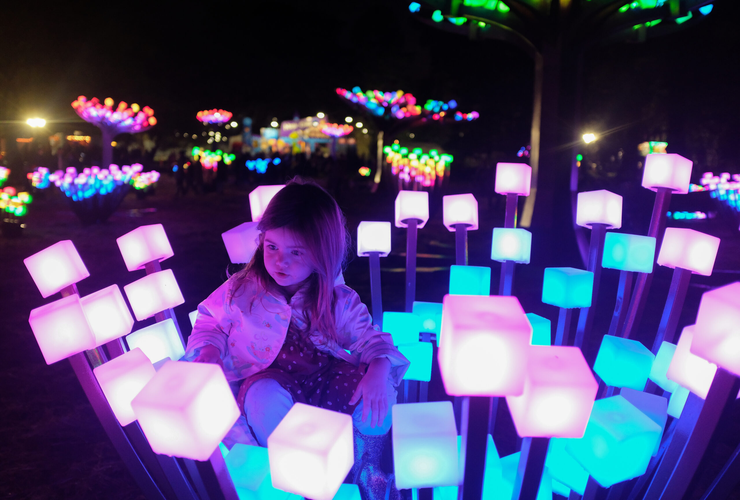 A smal child plays in a field of LED sugar cubes at night.