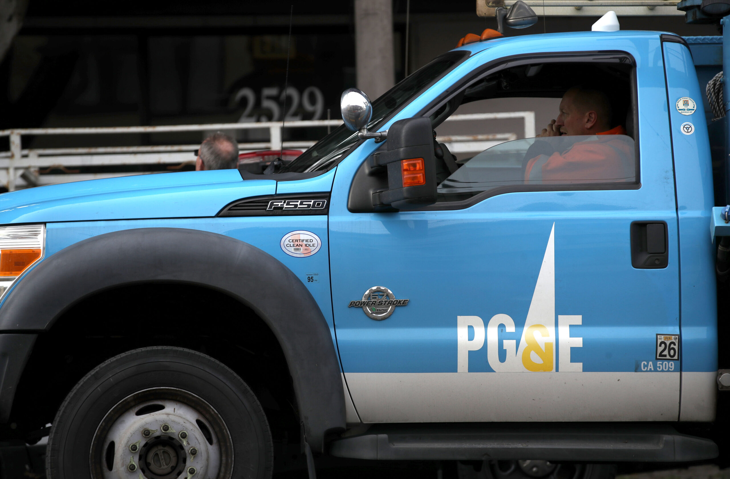 blue PG&E pickup truck