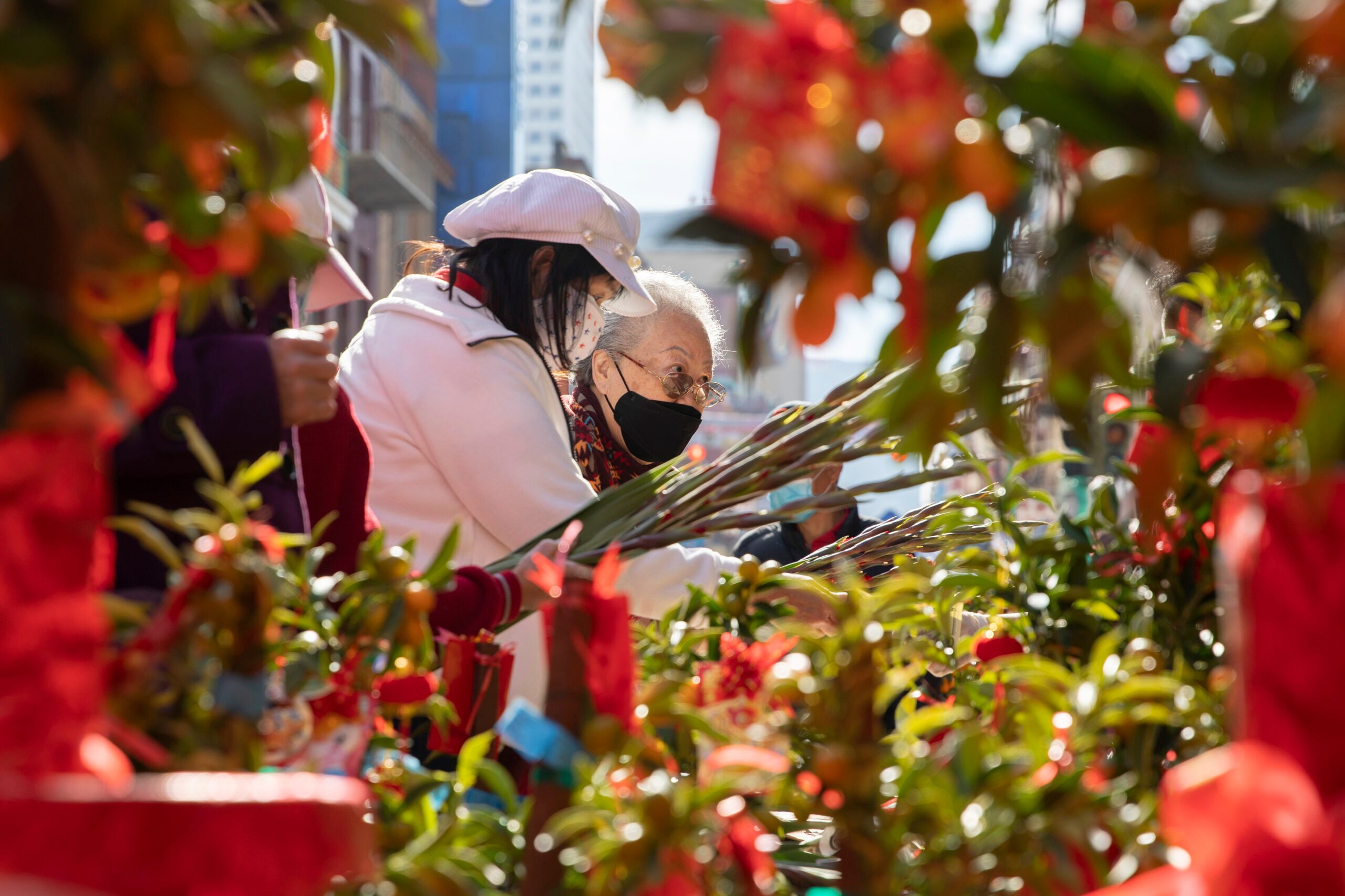 Two people, wearing masks, are browsing through a vibrant display of plants and decorations, with red and green colors prominently featured.