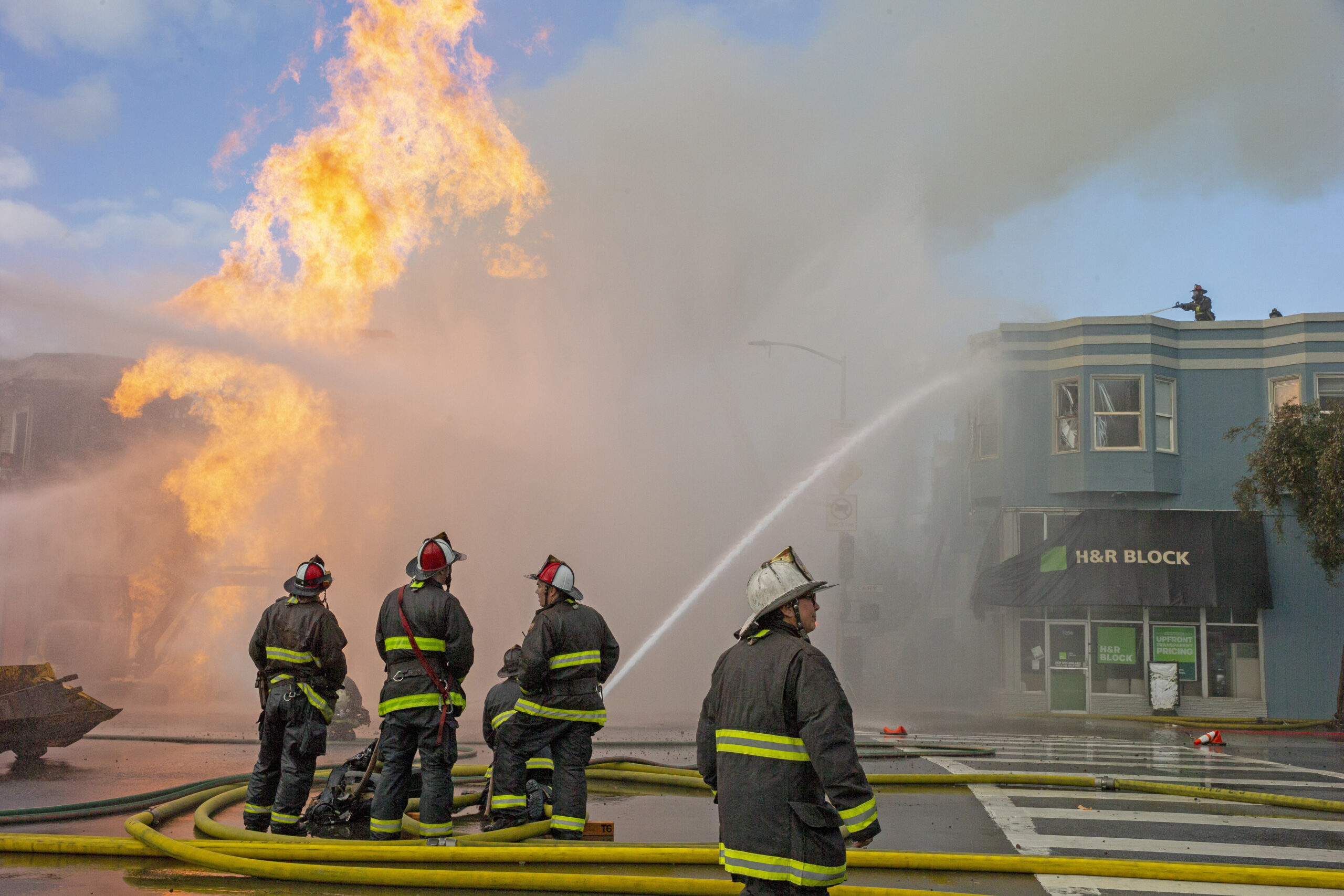 Firefighters with the San Francisco Fire Department battle a blaze following an explosion of a gas line in February 2019. | Santiago Mejia/Pool/Getty Images