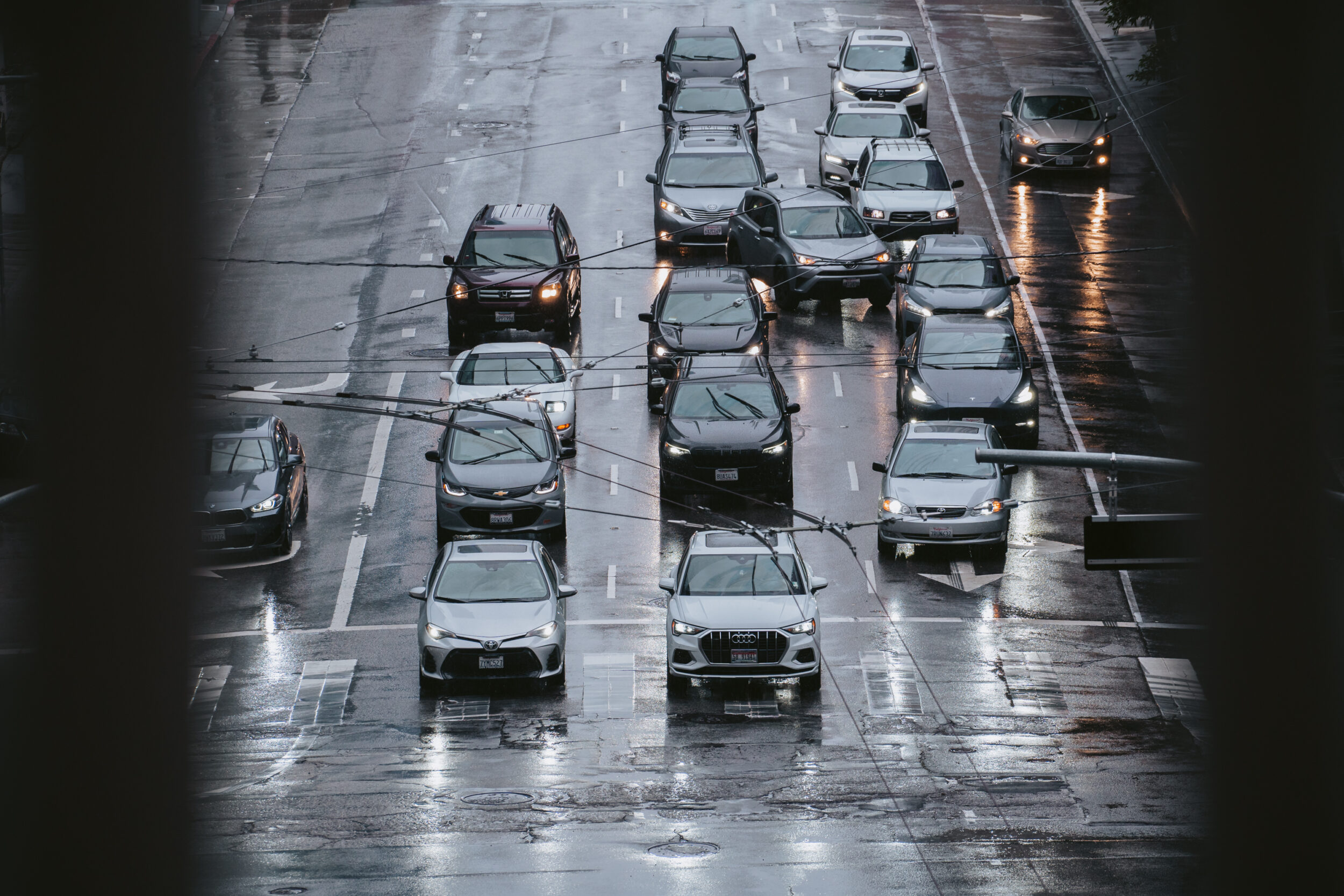 Cars on a road wet by rain
