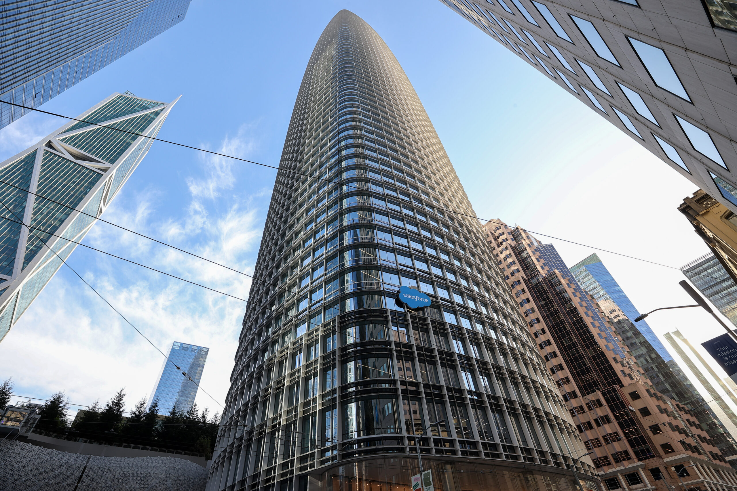 A view of Salesforce Tower, the largest high-rise in San Francisco, from street level.