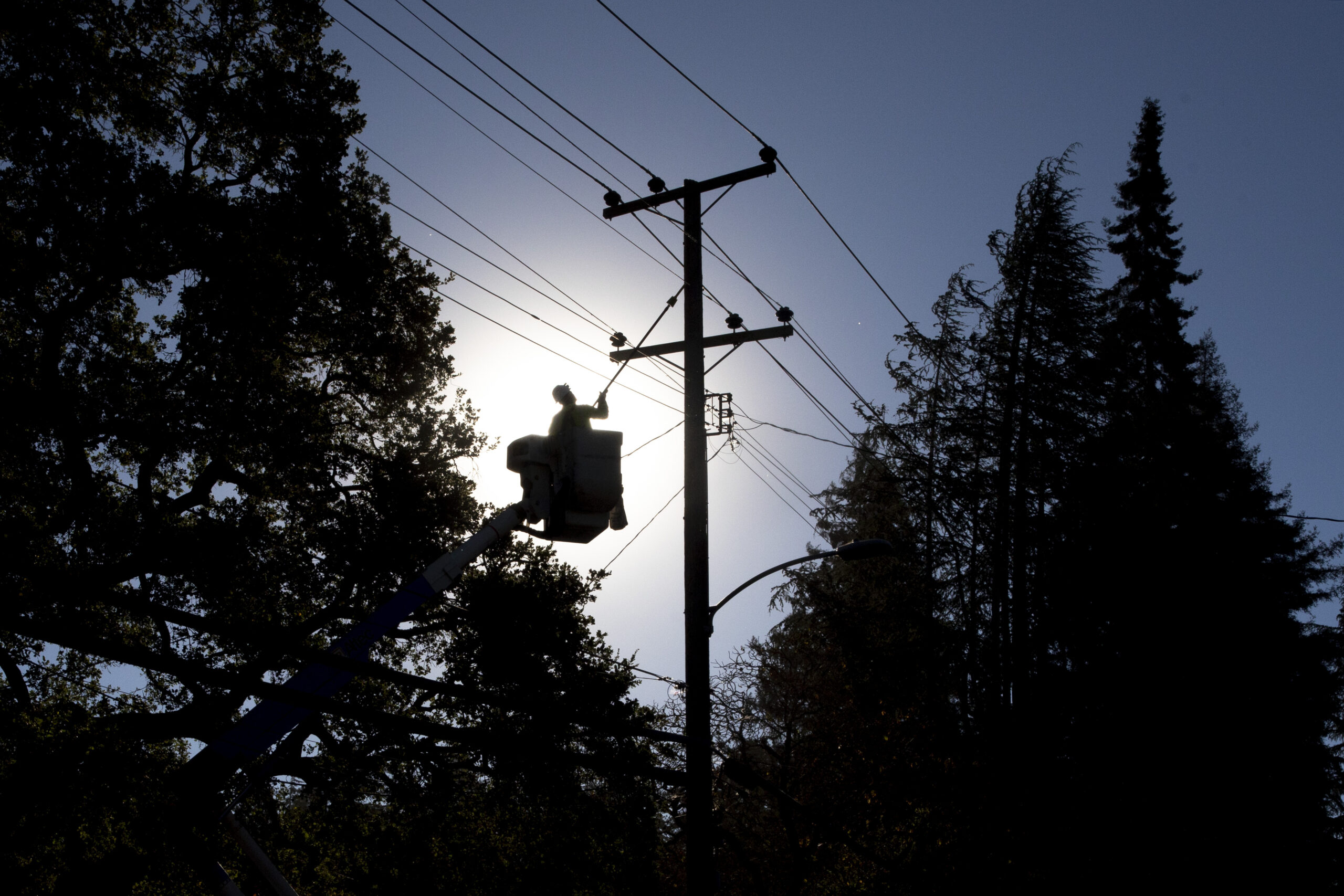 Pacific Gas and Electric (PG&amp;E) line inspector Kevin Ogans works to clear lines so crews can begin removing a tree that crashed into live power lines along Mountain Boulevard in the Montclair Village neighborhood of Oakland. | Jessica Christian/The San Francisco Chronicle via Getty Images