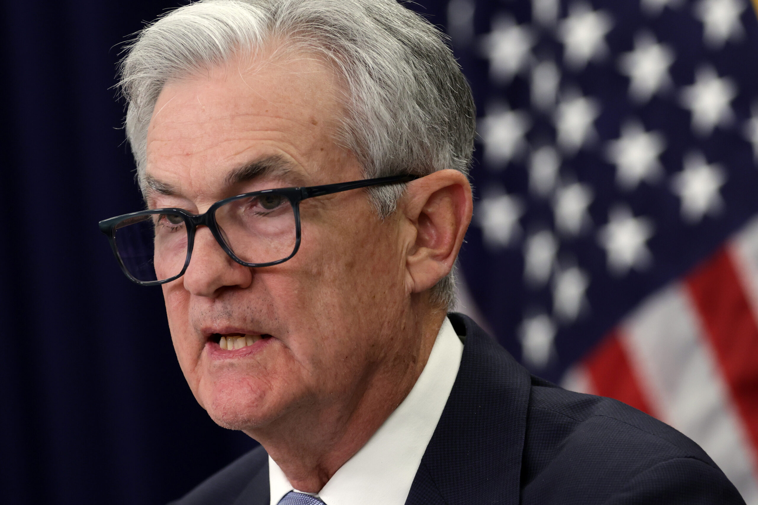 Federal Reserve Chair Jerome Powell speaks at a press conference.