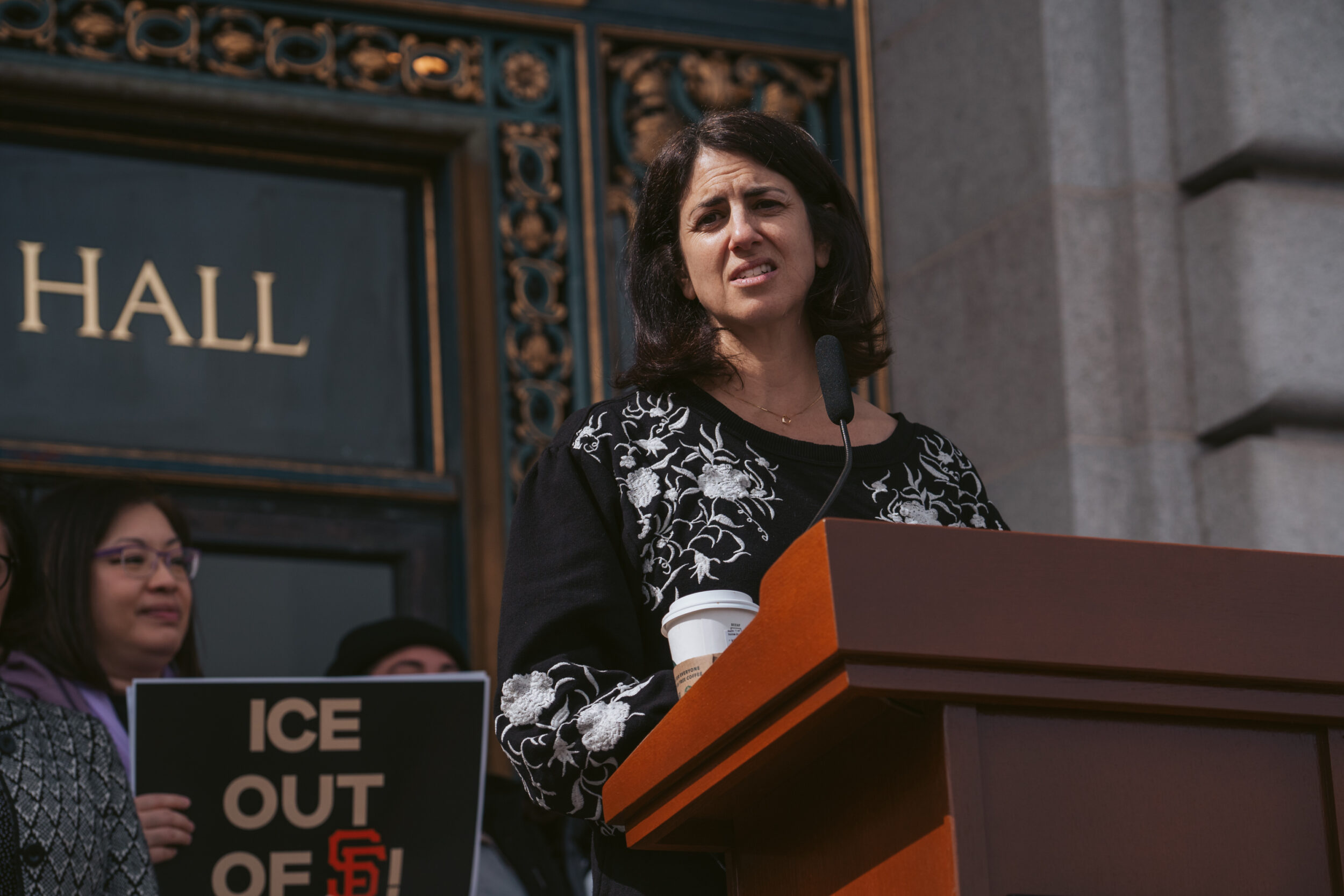 Supervisor Hillary Ronen speaks at a rally outside City Hall in February 2023.