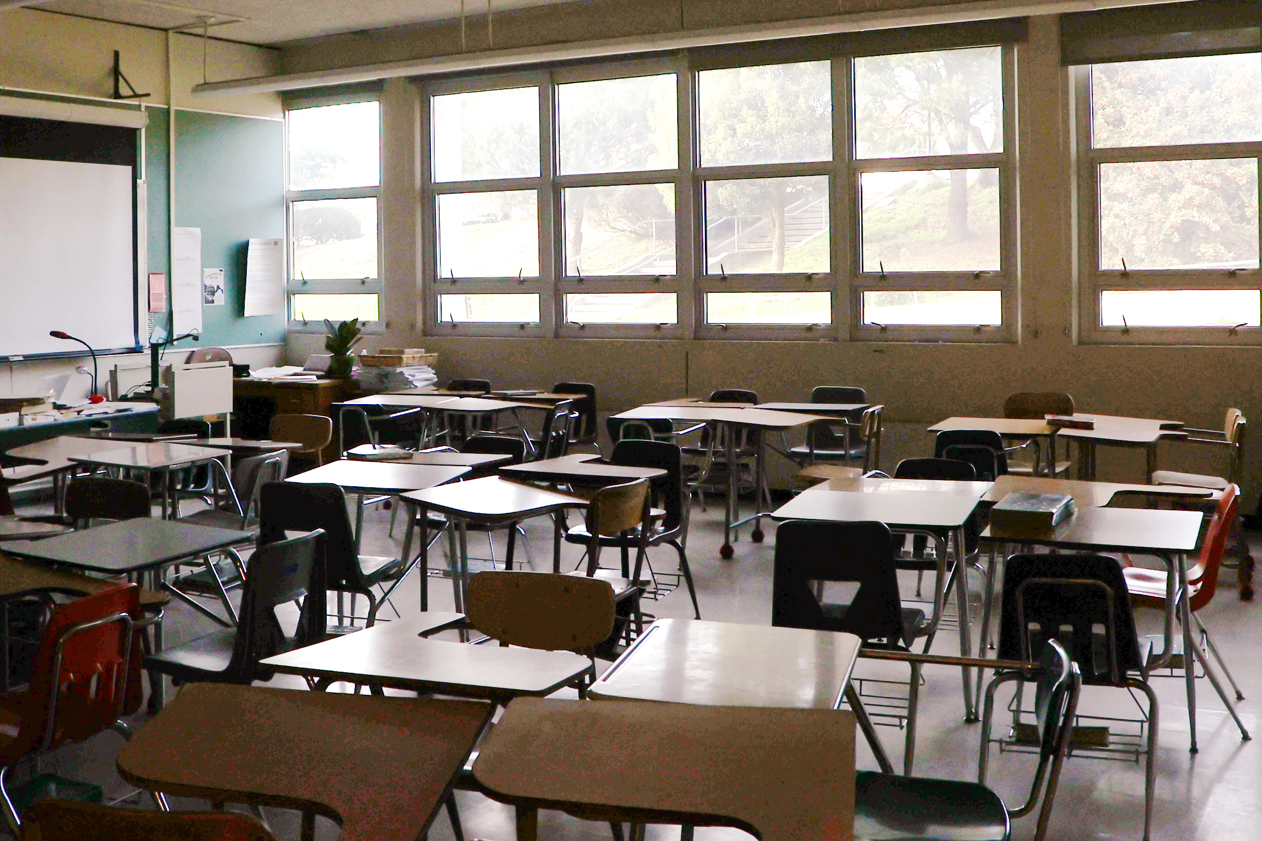 A corner view of an empty classroom.