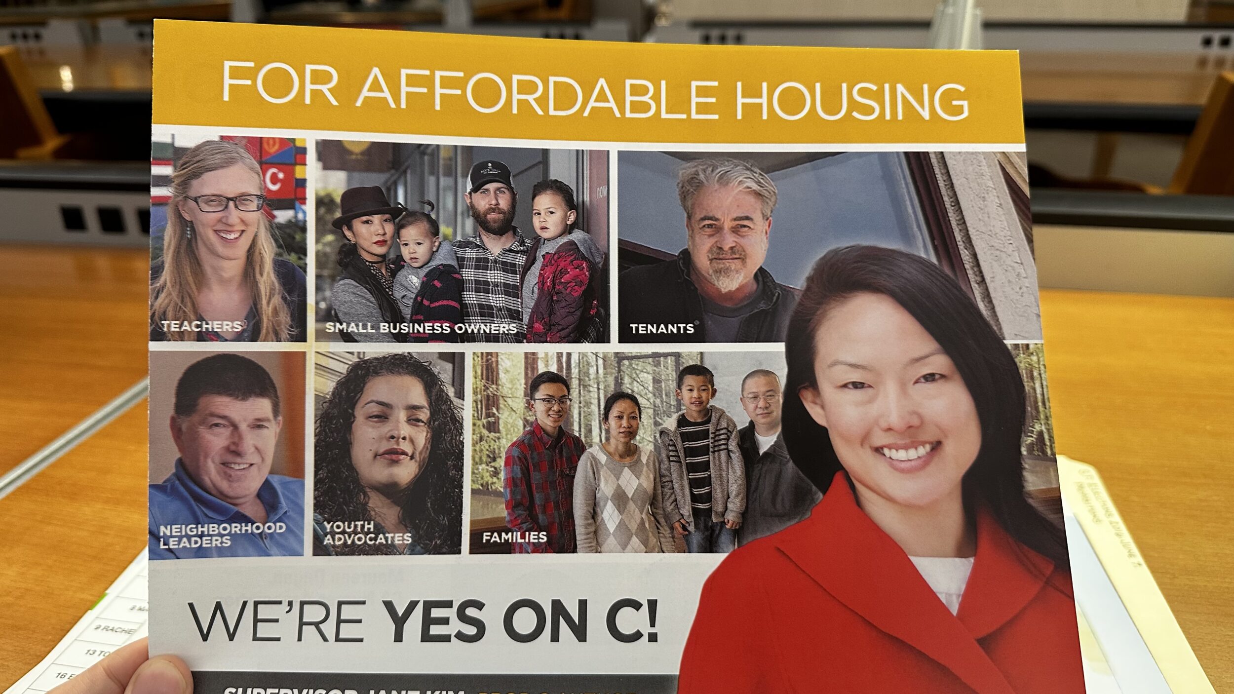 A flyer advocating for affordable housing featuring diverse individuals labeled as teachers, small business owners, tenants, and more.