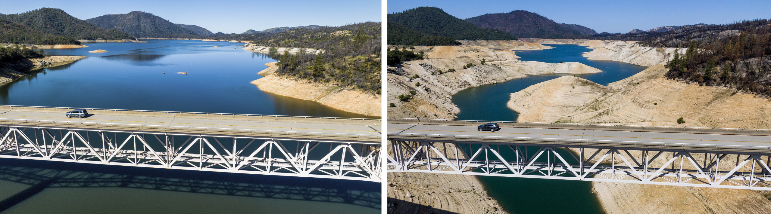 A before-and-after photo of a bridge crossing a river, showing on the left the river is full and on the right the river is very narrow due to drought. 