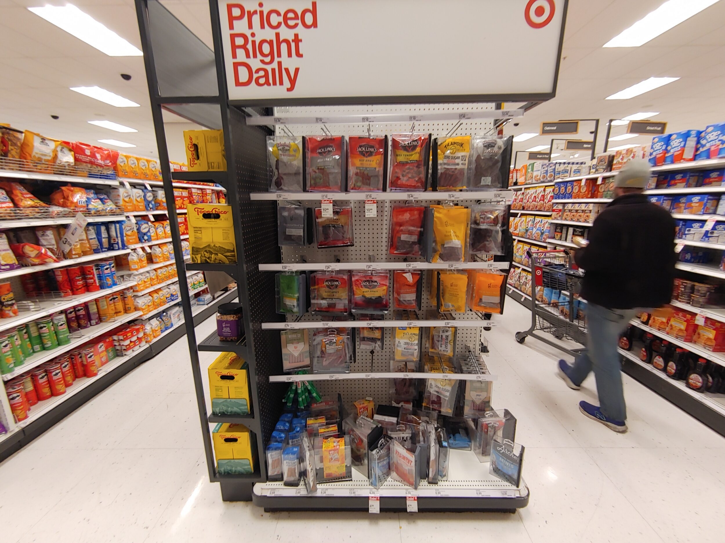 Bags of beef jerky are locked in plastic cases at the Target store in San Francisco's Metreon.