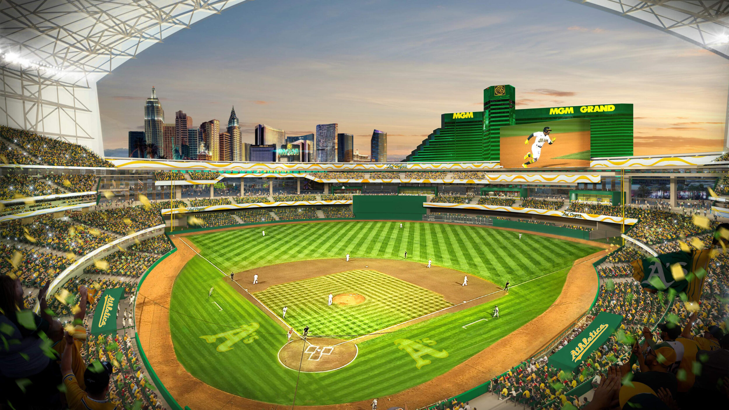 A rendering of a baseball stadium with a brightly lit green field with a city skyline beyond the stadium's edge.