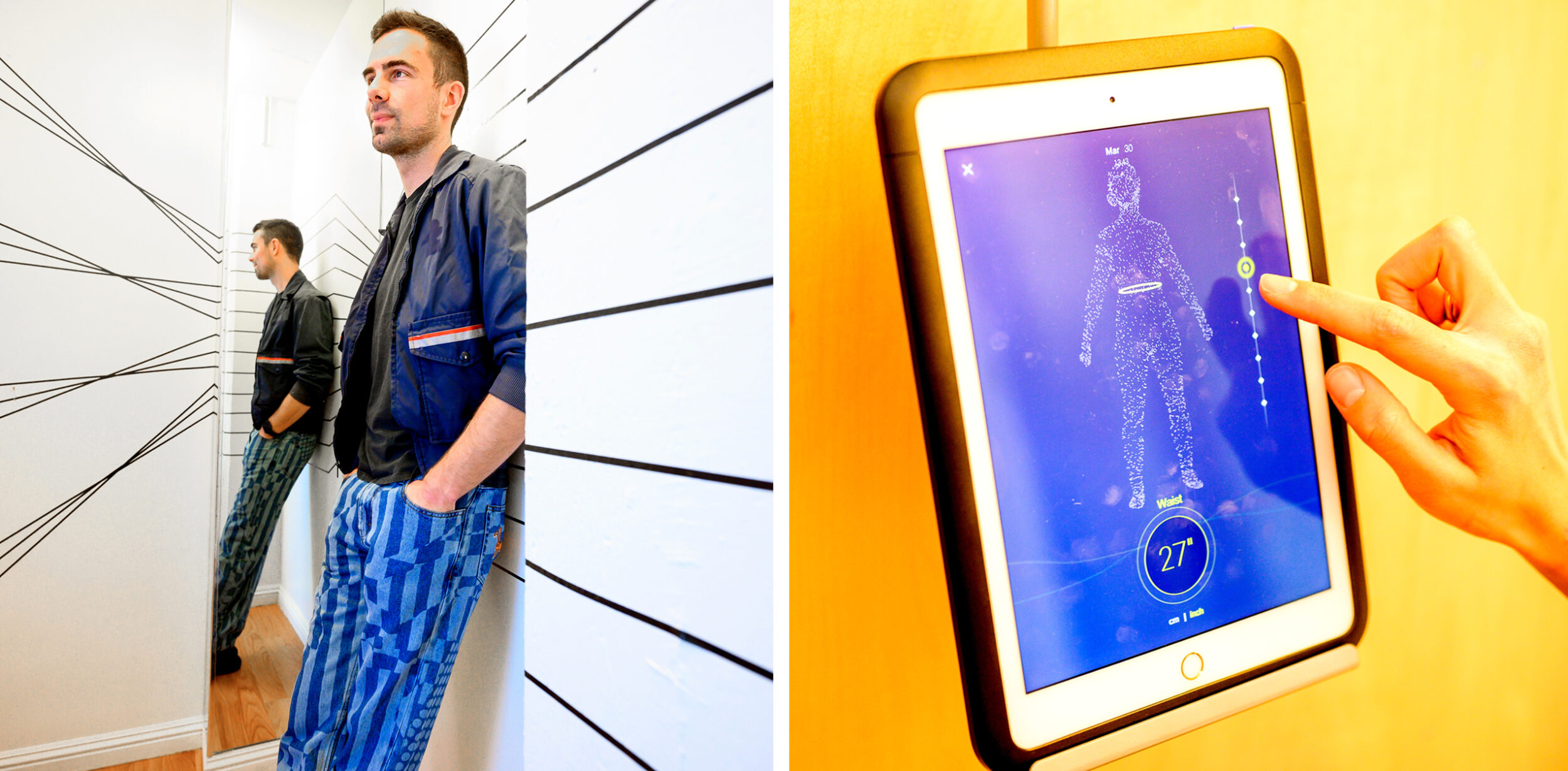 A man stands in a corner with lines on walls, and a finger points at a digital body scan on a tablet. 