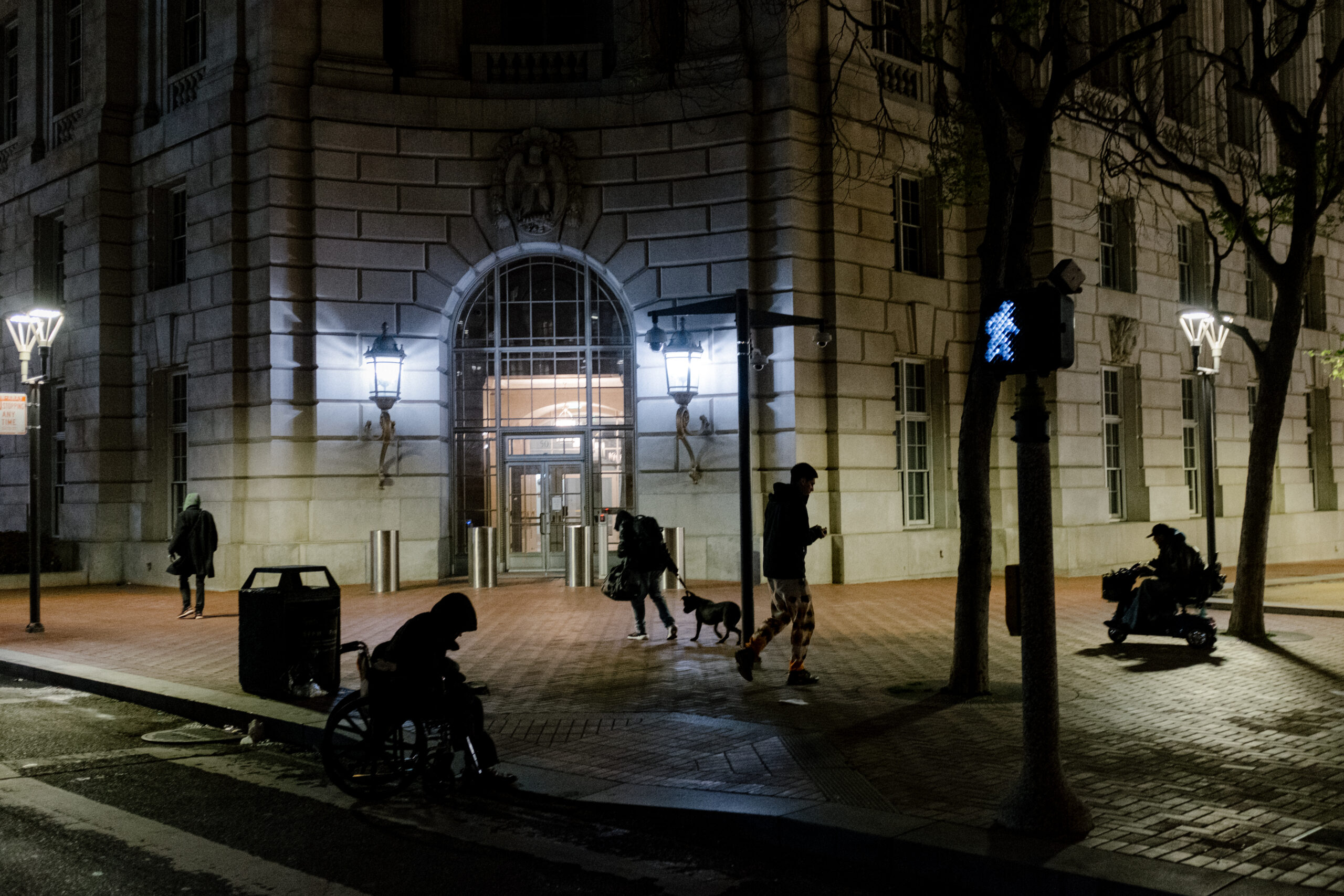 Nighttime street scene with people walking, a person in a wheelchair, and a dog outside an illuminated building.