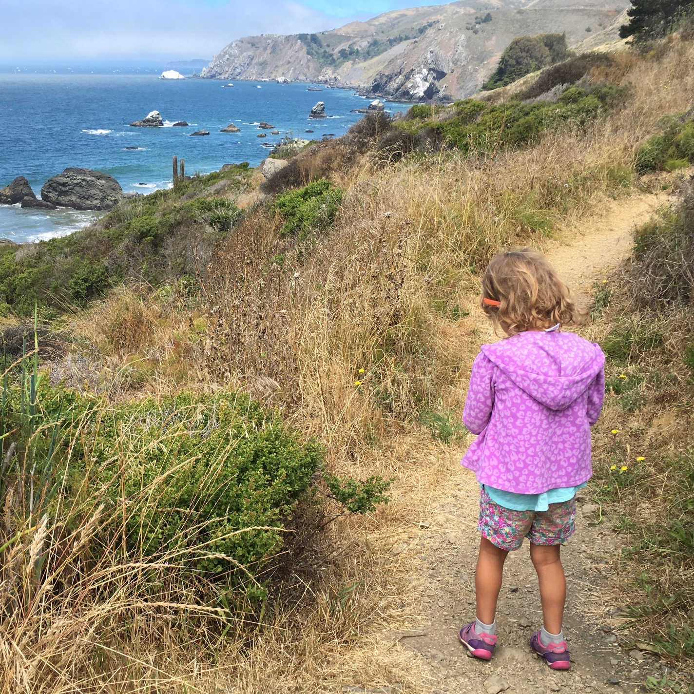 A little girl walks on a trail near the Pacific Ocean.