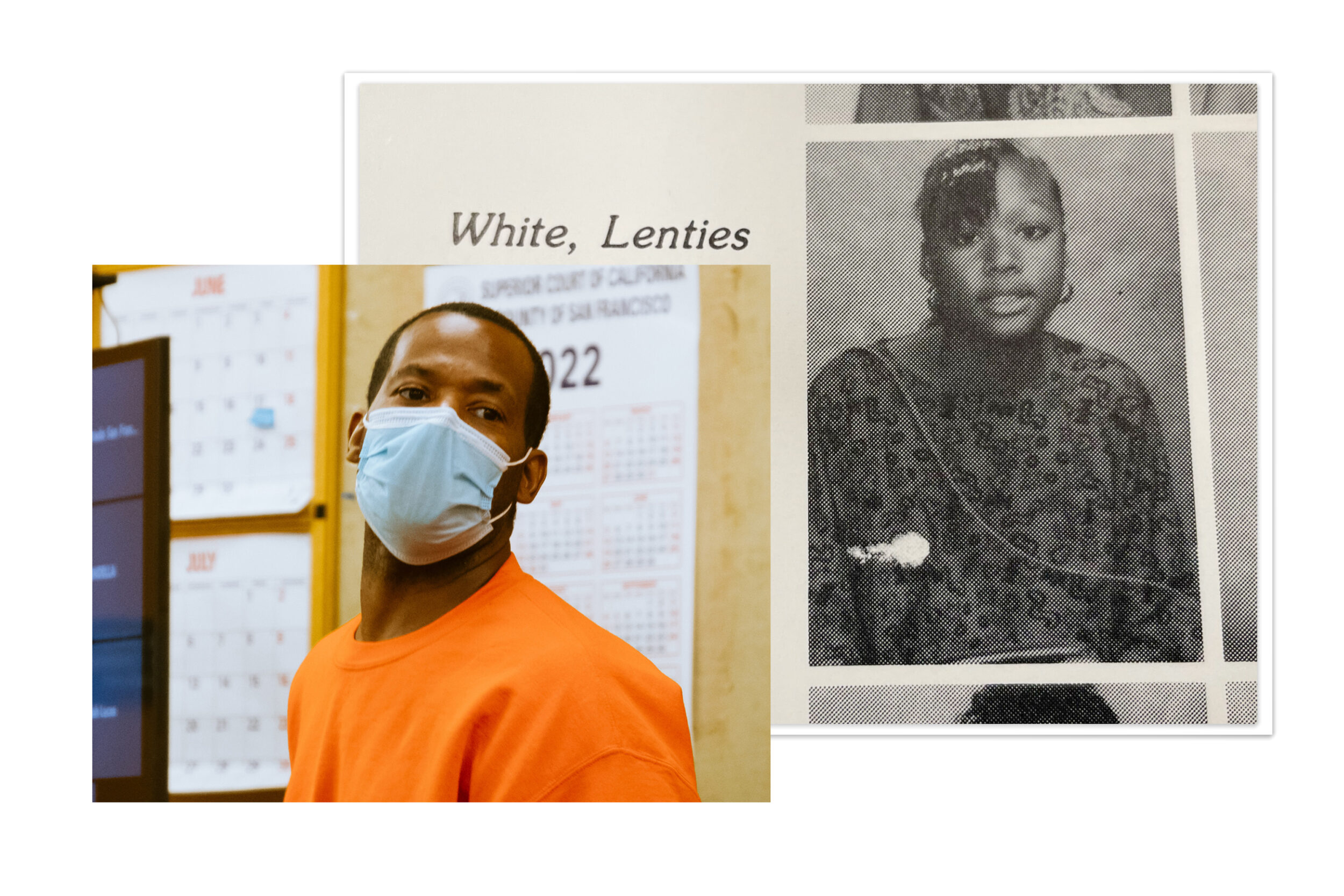 A composite image of Napoleon Brown, left, at San Francisco Superior Court on June 20, 2022, and a school portrait of Lenties White published in the 1991 Galileo High School yearbook.