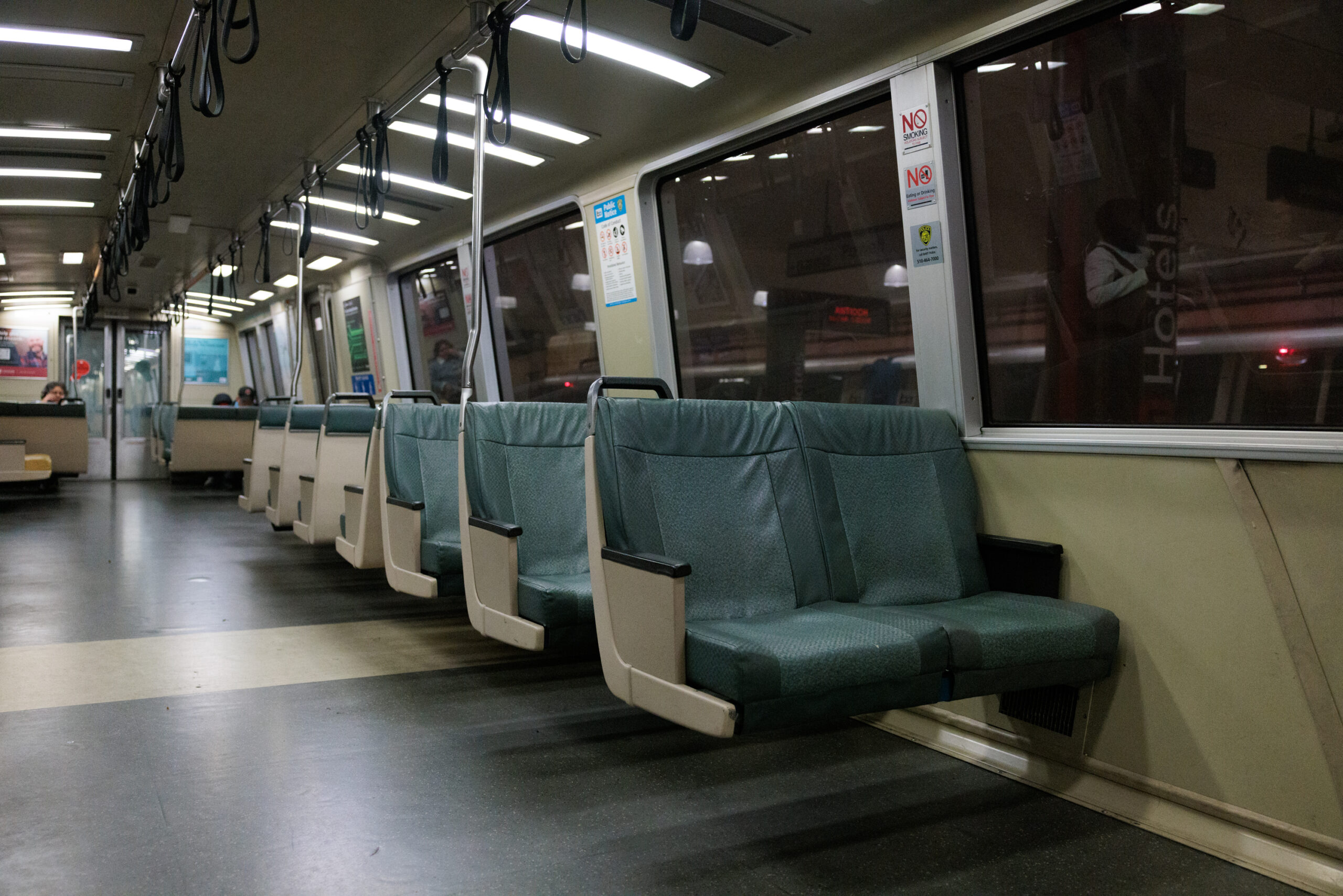 An interior view of a BART train in San Francisco, on June 6, 2023. Bay Area SFMTA is experiencing significant state and local funding issues and both Muni and BART may need to cut rider service in order to reduce costs. | Isaac Ceja/The Standard