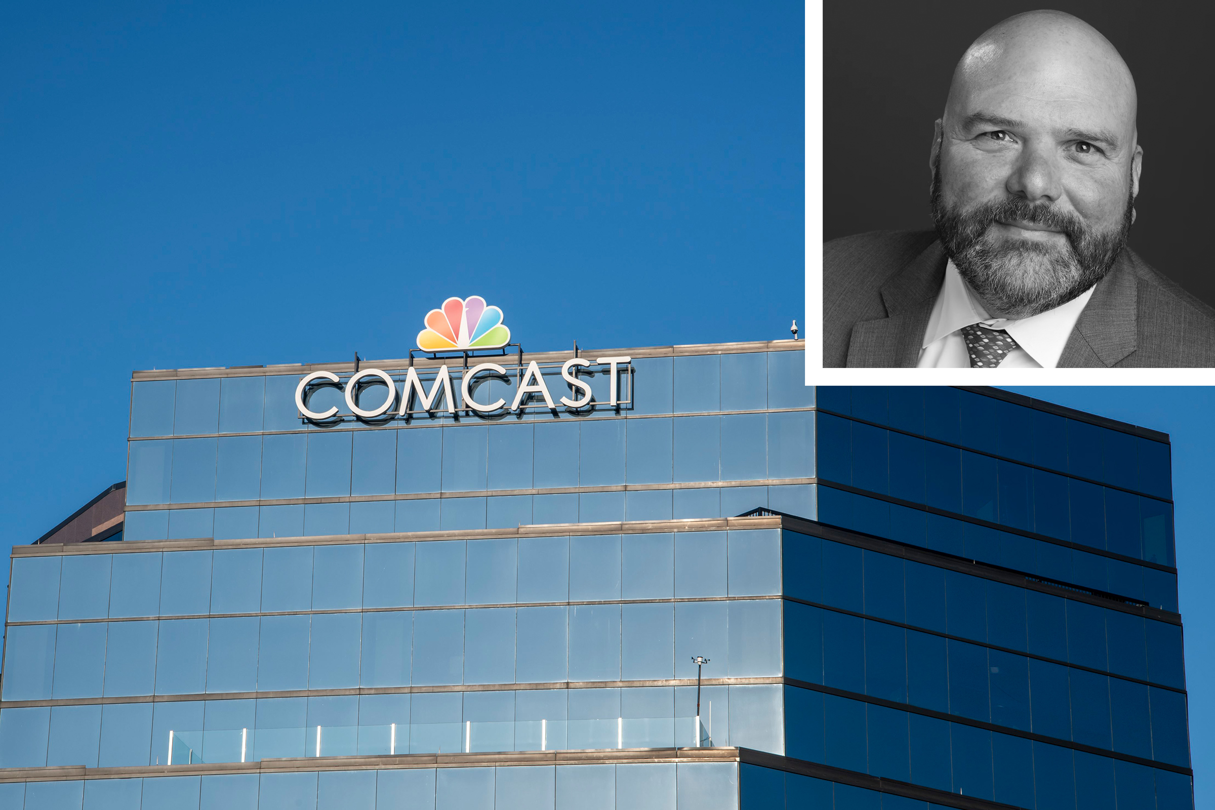 A photo illustration of a black and white headshot of David Tashjian next to a Comcast office building.