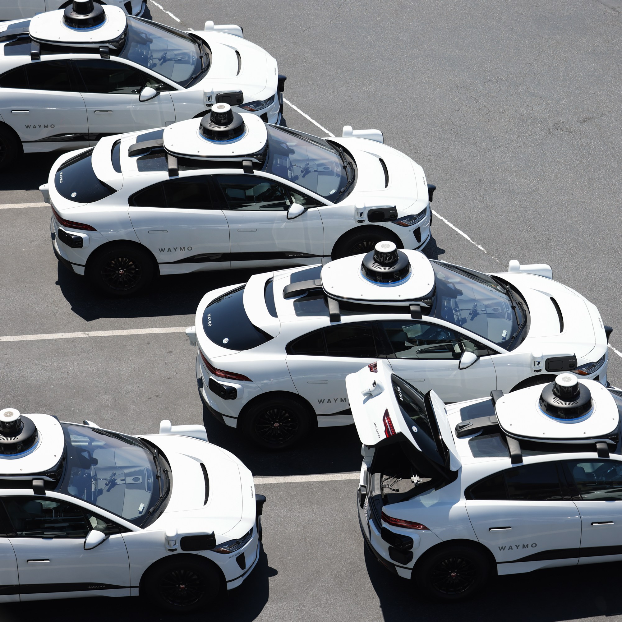 The image shows several white Waymo self-driving cars parked in a lot. They have dome-like sensors on their roofs, and one car's trunk is open.