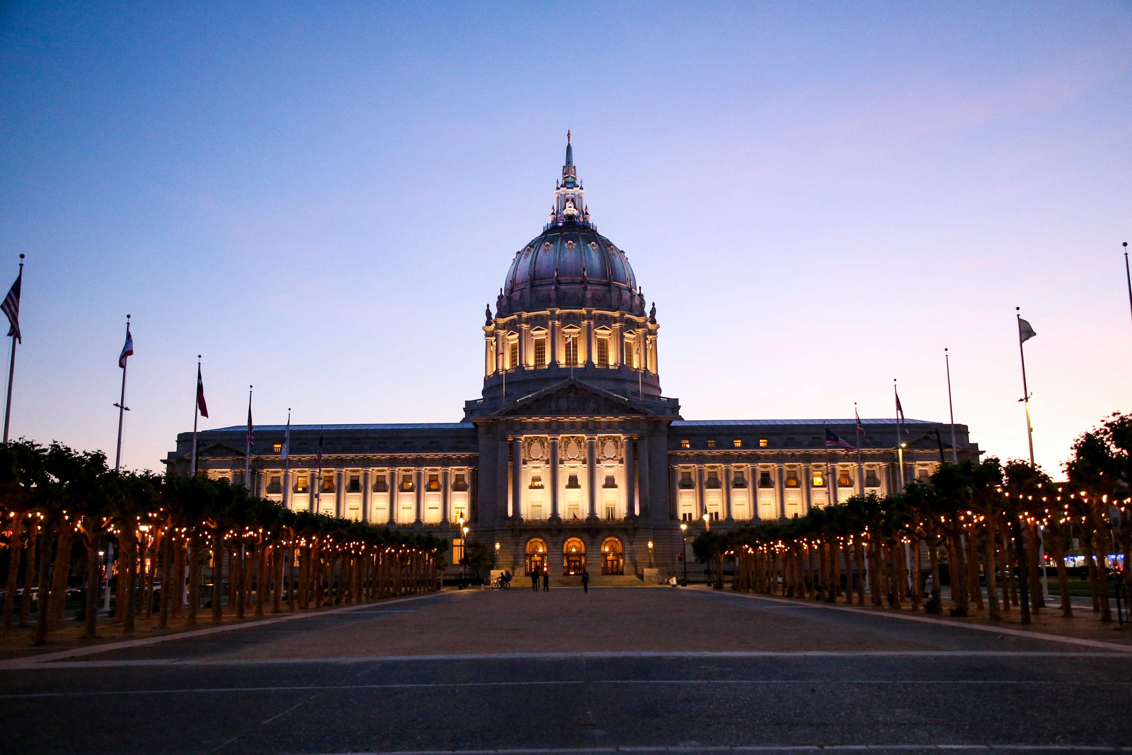 LED lights illuminate San Francisco City Hall.