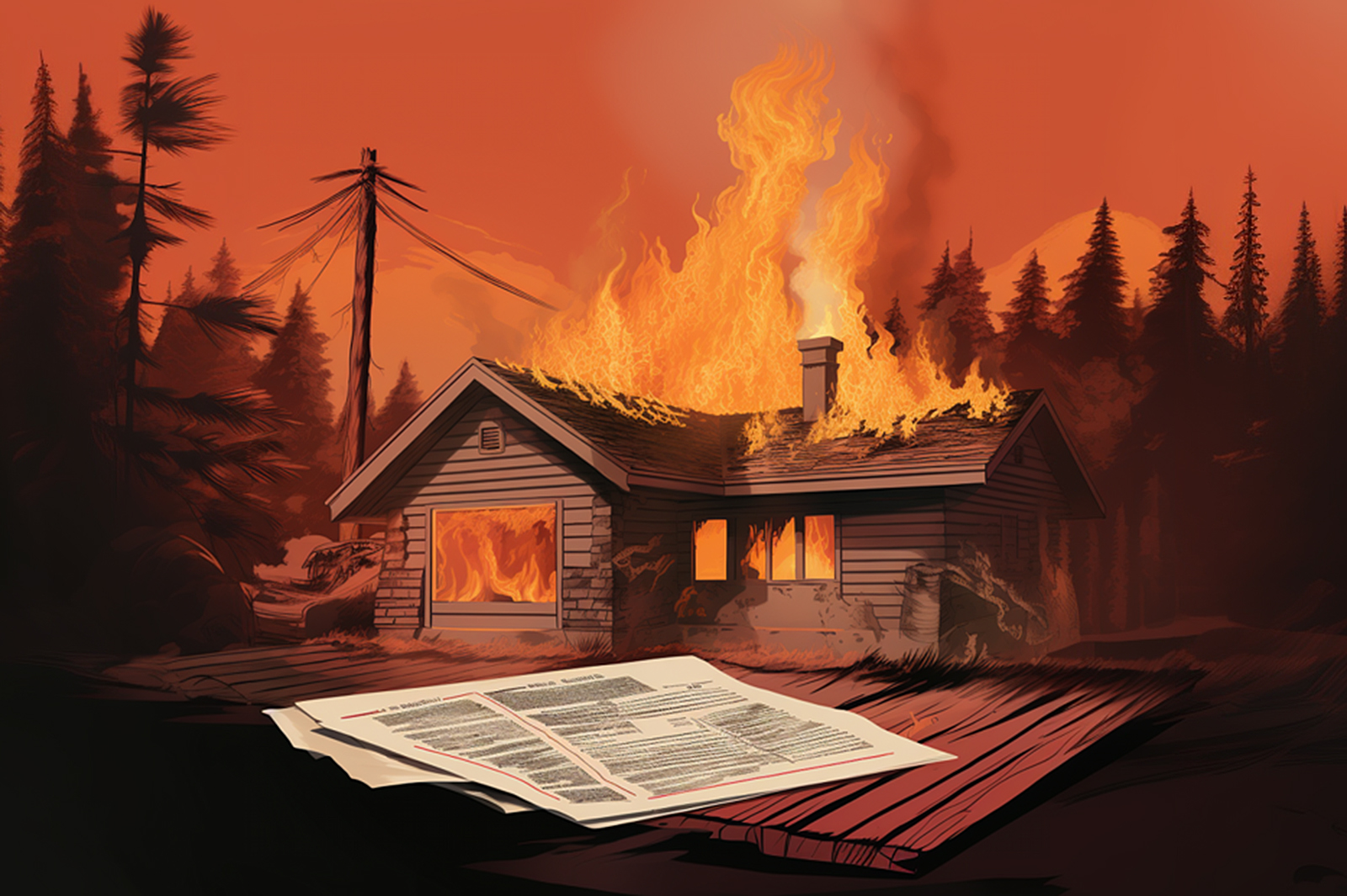 illustration of home on fire with papers in the foreground.