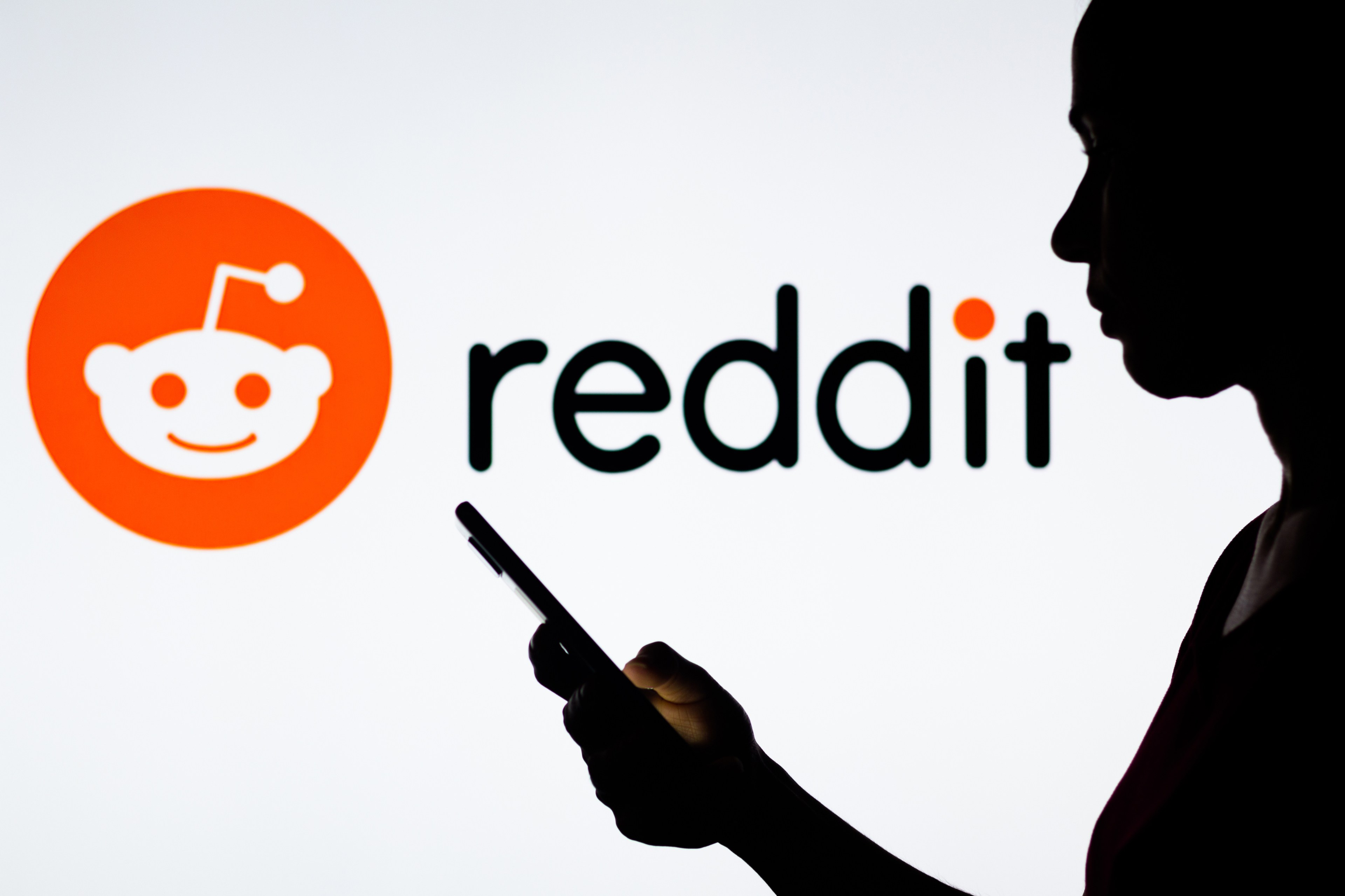 Silhouette of a person using a phone against the bright Reddit logo.