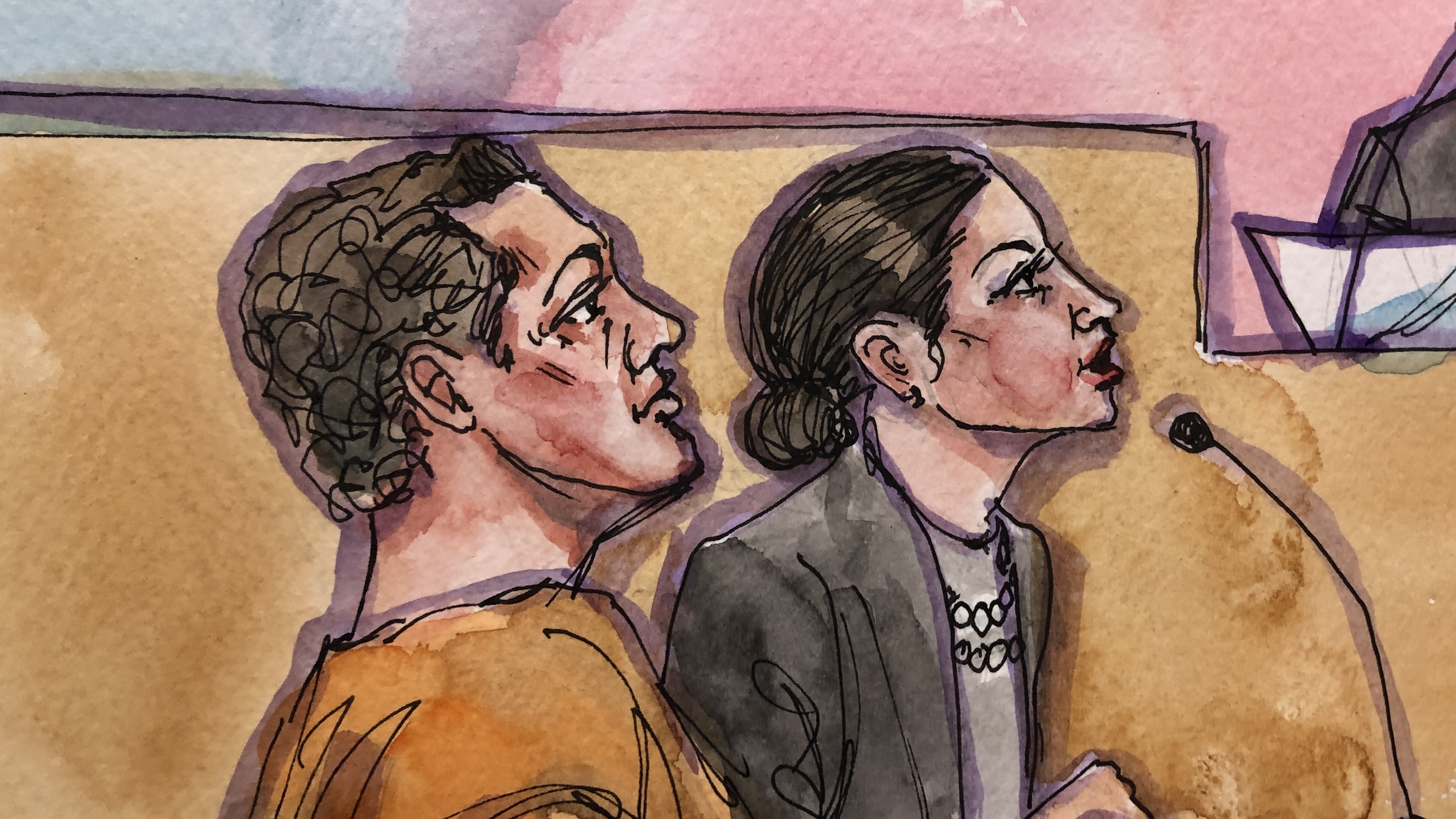 A colorful courtroom sketch depicts a man with curly hair in an orange outfit next to a woman in dark attire and a necklace, both looking intently towards a microphone.