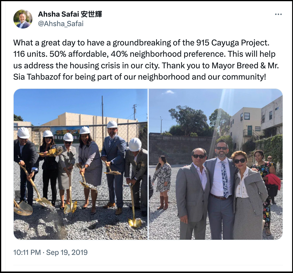 Two photos, one showing six people with shovels at a groundbreaking ceremony, and another picture of two men and a woman standing together.