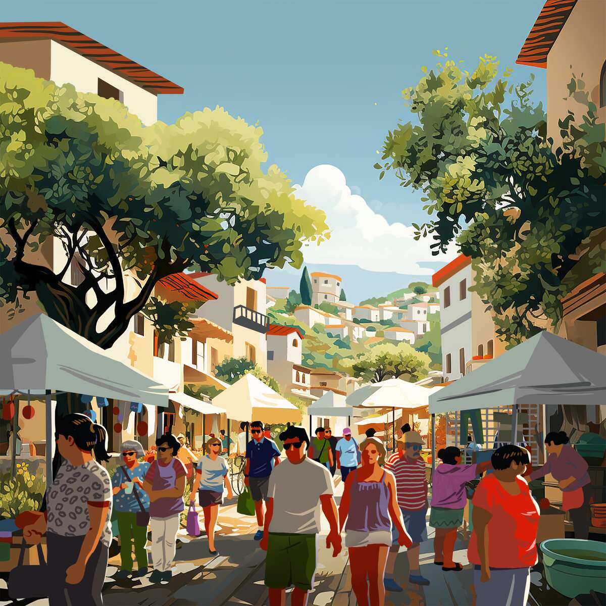 An artistic illustration shows people walking through a bustling urban market.