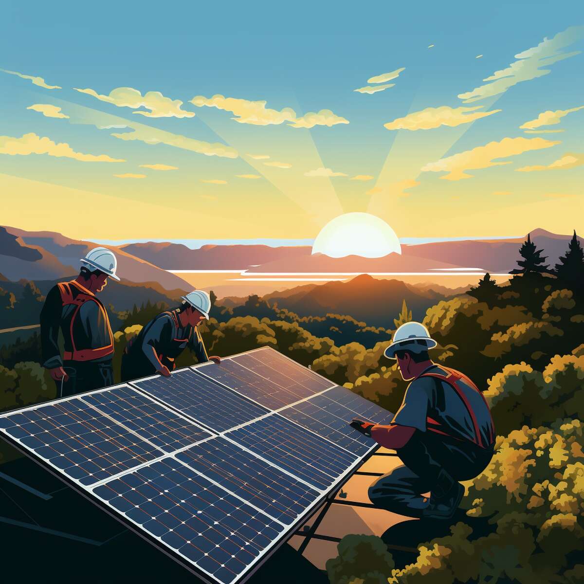 men install a solar panel as a sun rises in the distance