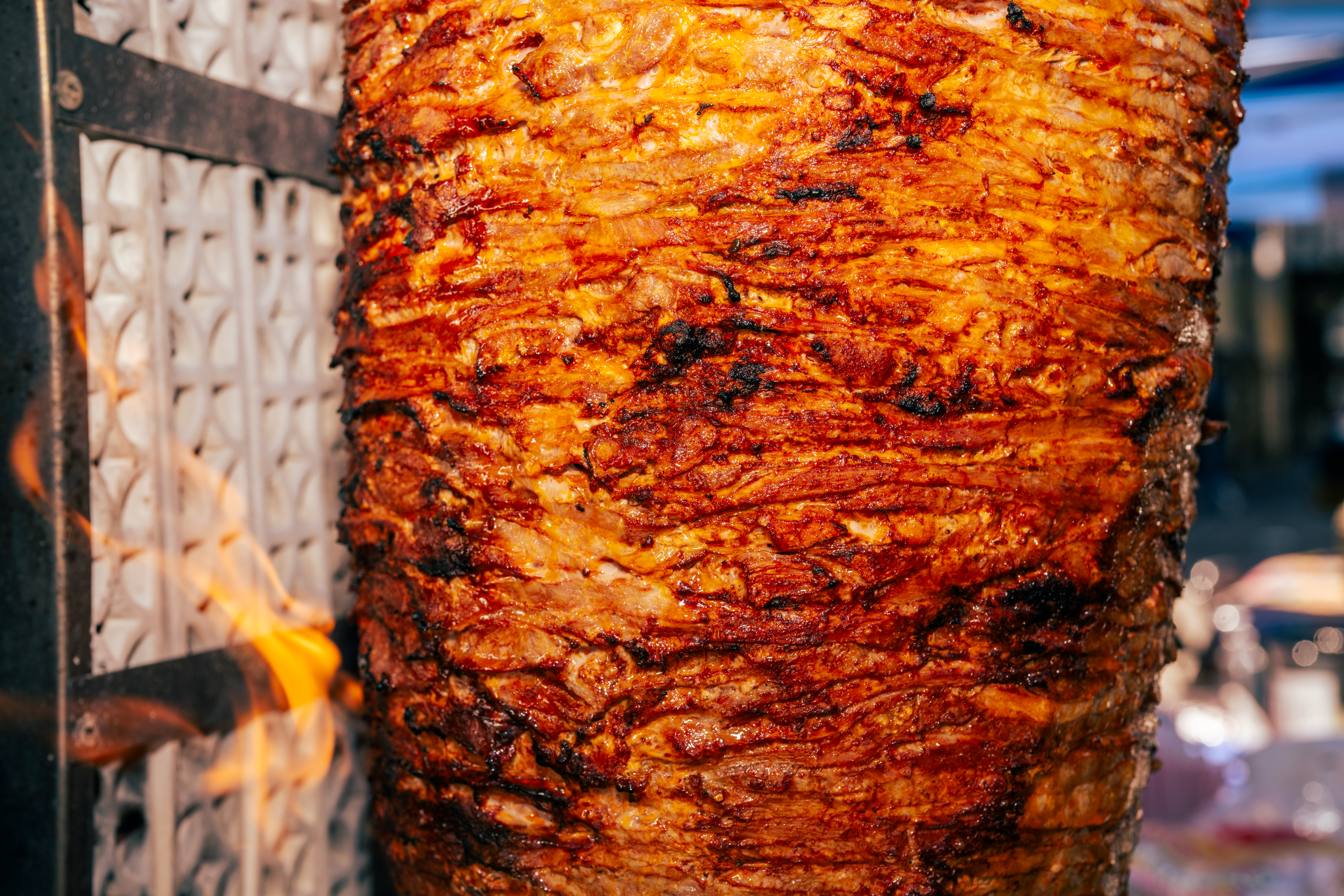Sixty pounds of thinly cut pork shoulder rotates at Tacos El Charro in the Mission in San Francisco.