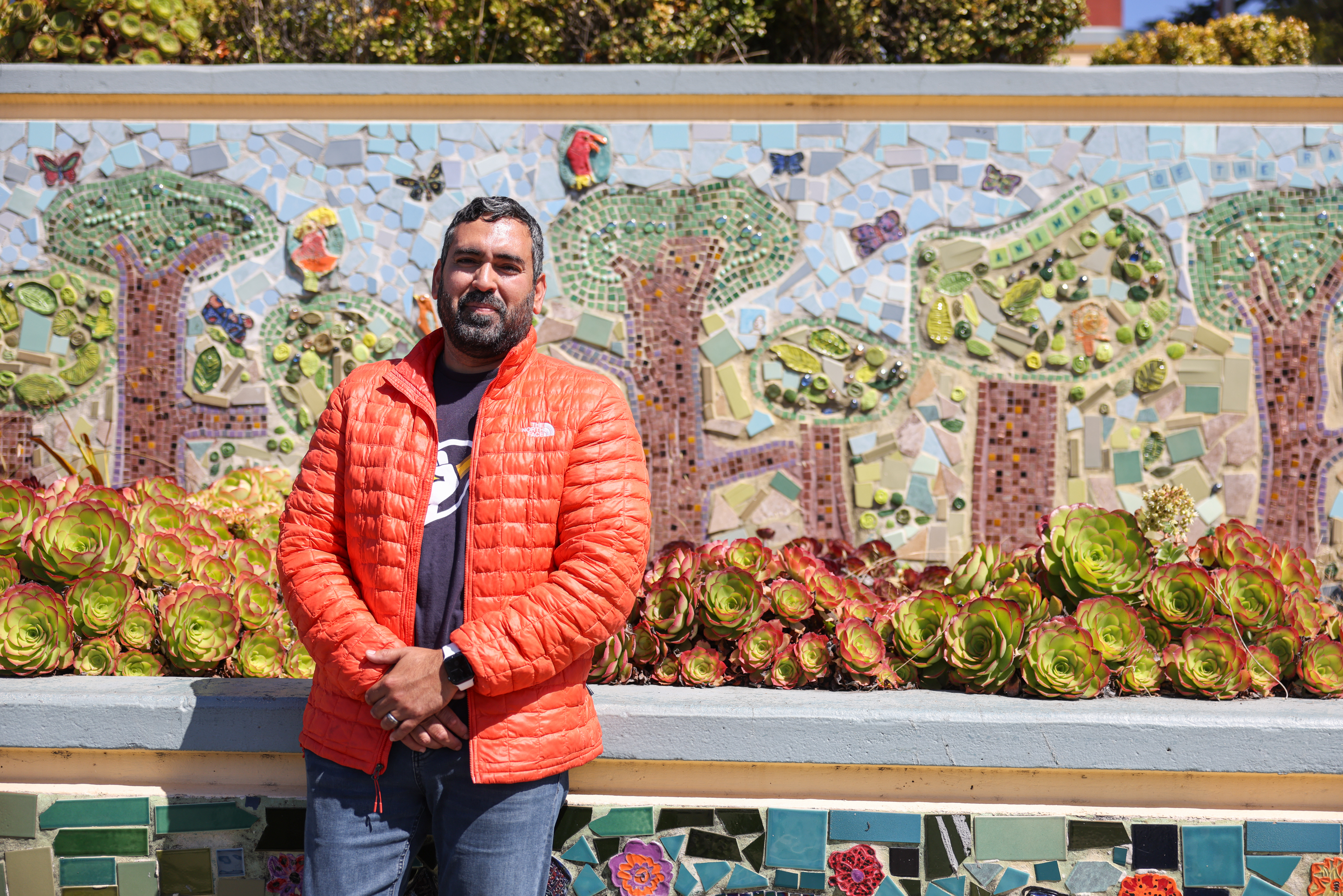 A man in an orange jacket stands by a colorful mosaic wall with trees and birds. In front of him are green succulents with red edges.