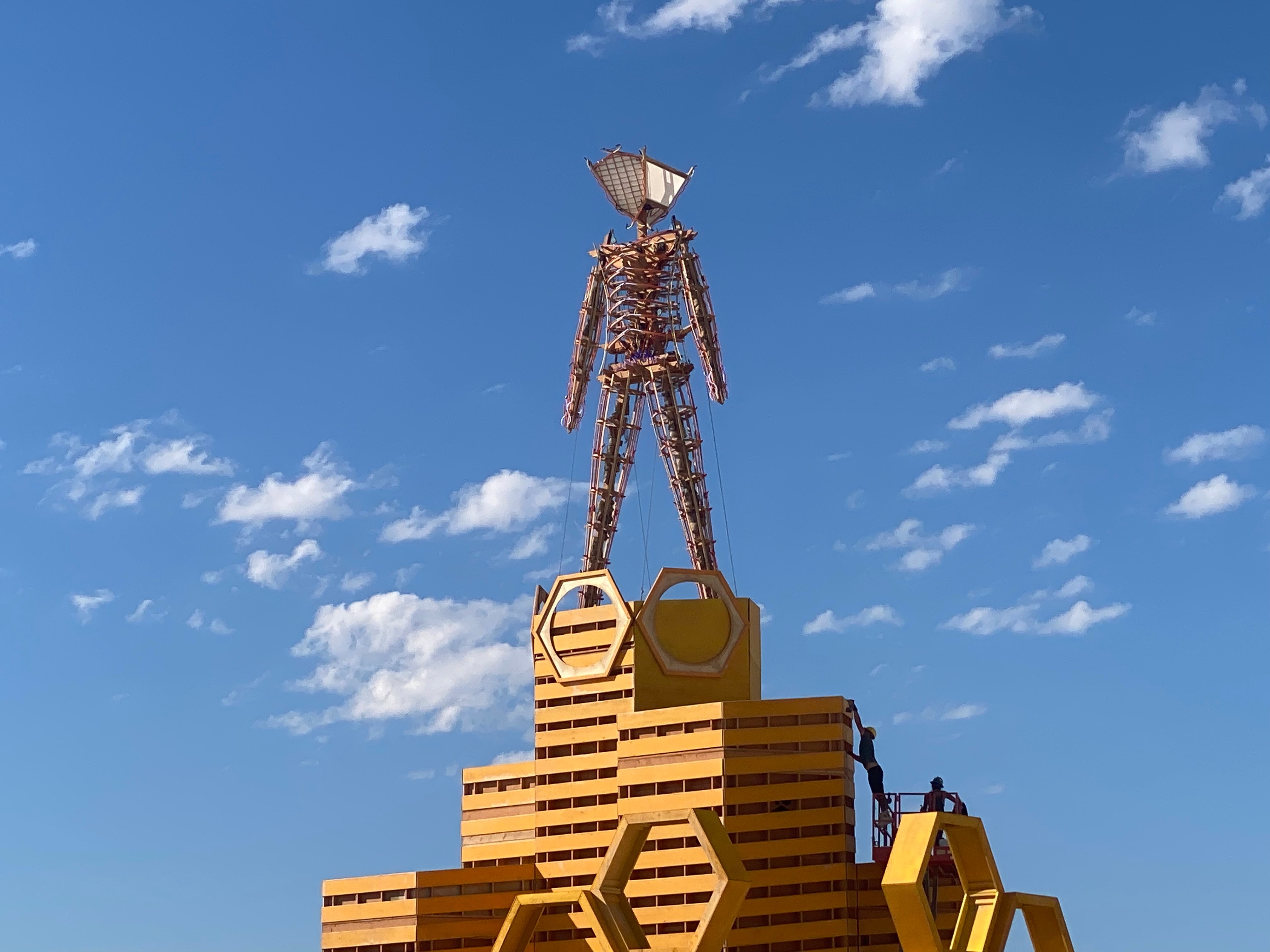 Burning Man 2023's eponymous structure looks over the Nevada desert on Aug. 25, 2023.