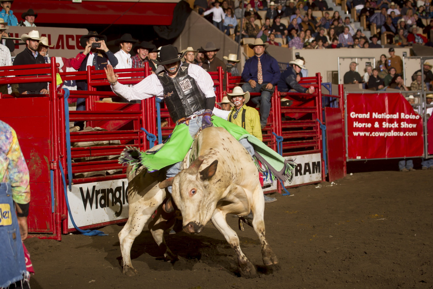 A rodeo bull rider in action, wearing a vest and chaps, while a crowd watches from the stands.