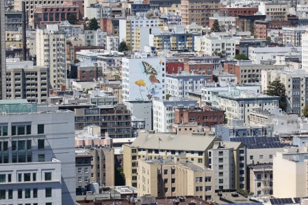 Apartment buildings and housing in the Tenderloin in Downtown San Francisco, seen from above.