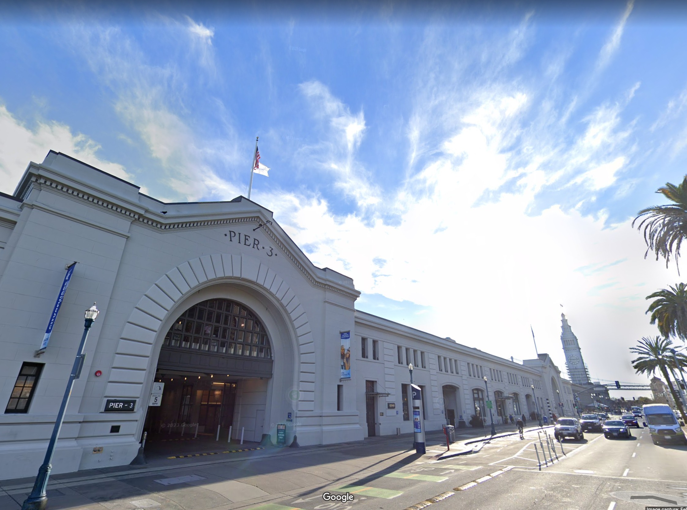 A Google Street View image from February 2023 captures Pier 3 on The Embarcadero in San Francisco.