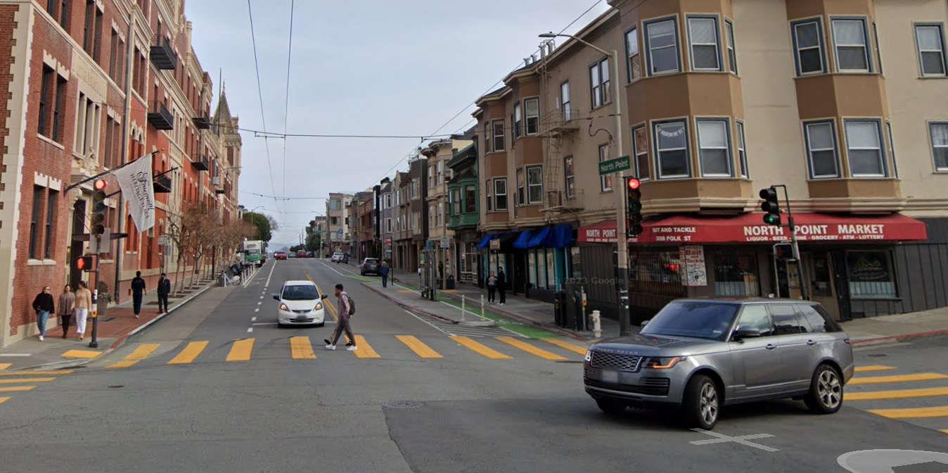A March 2022 Google Street View camera captures North Point and Polk streets in San Francisco's Russian Hill neighborhood.