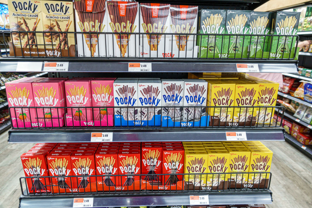 Shelves laden with multiple flavors of Pocky snacks are seen on a store shelf in the iFresh Market in Orlando, Florida's Little Vietnam neighborhood.