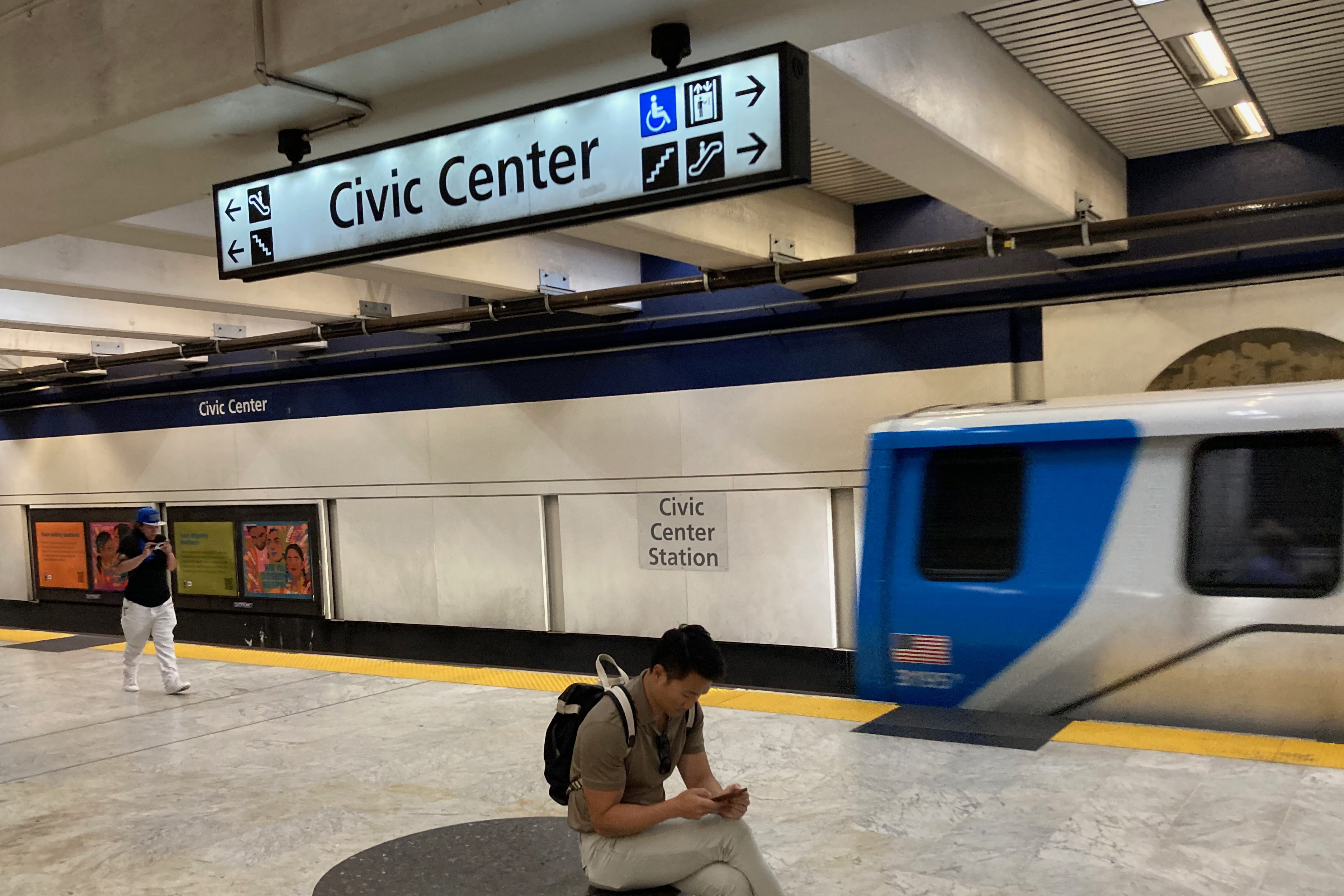 Passengers wait for BART trains on the platform at Civic Center Station in Downtown San Francisco on Friday, Sept. 8, 2023. Bay Area Rapid Transit (BART) has seen a recent increase in ridership following months of declining ridership during the COVID pandemic.