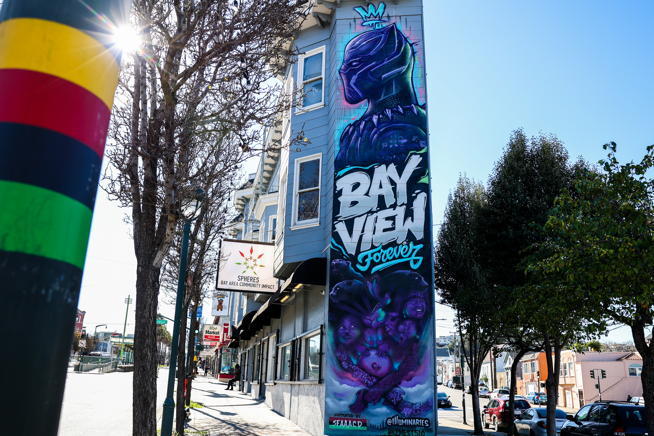A colorful mural that reads Bay View Forever with a likeness of Black Panther.