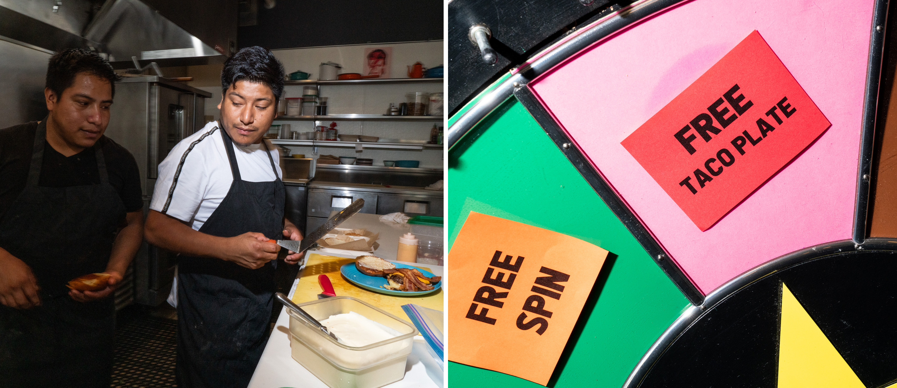 Two chefs work in a kitchen; a prize wheel offers a free taco plate and a free spin.