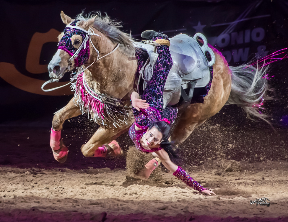 A performer in a sparkling costume is doing a trick-riding stunt, hanging sideways from a galloping, ornately-dressed horse in an arena.